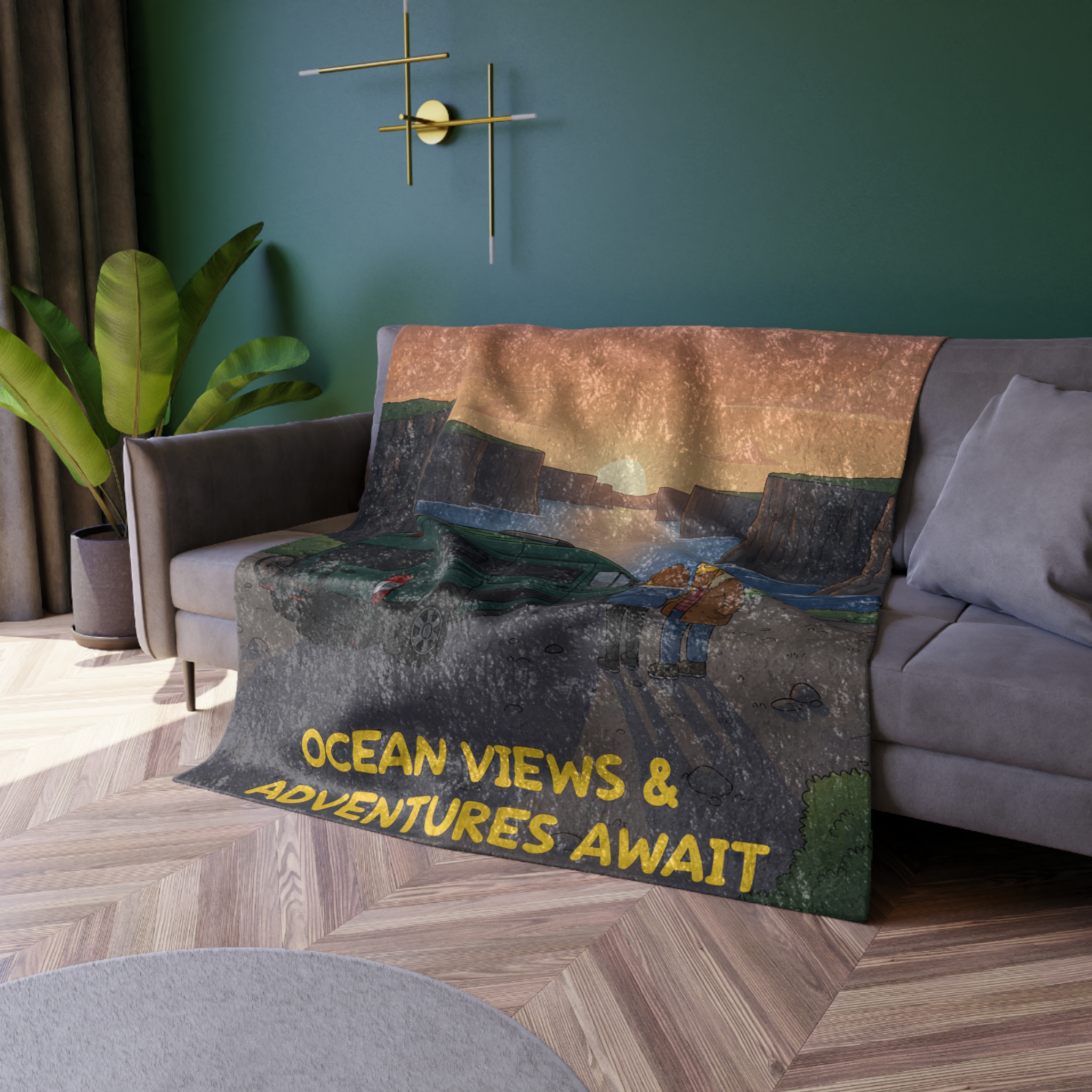 Crushed Velvet Blanket —"Ocean Views-Adventures Awaits" Design Sitcom-Line (Campervan)