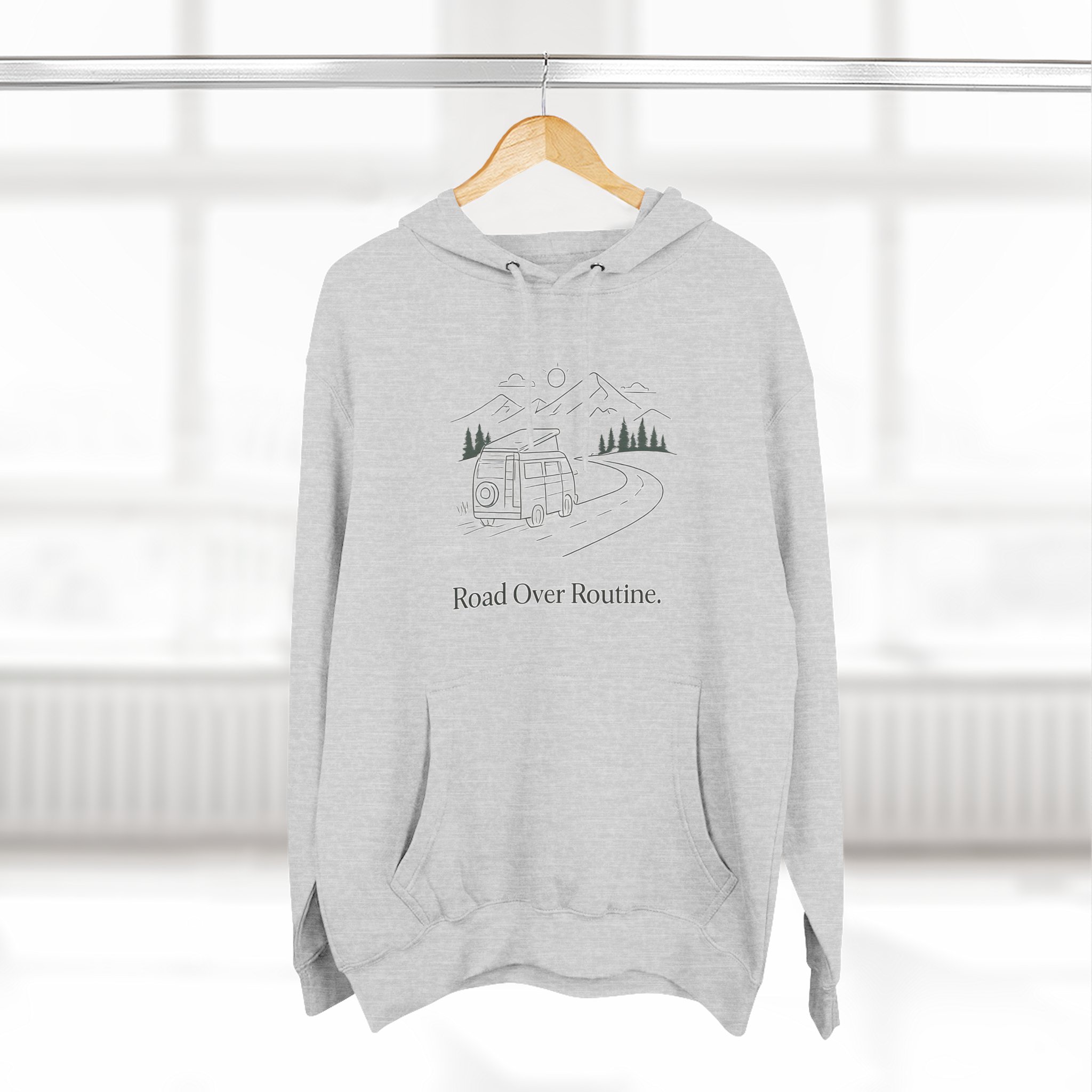 Three-Panel Fleece Hoodie - "Road Over Routine" Design Minimal-Line