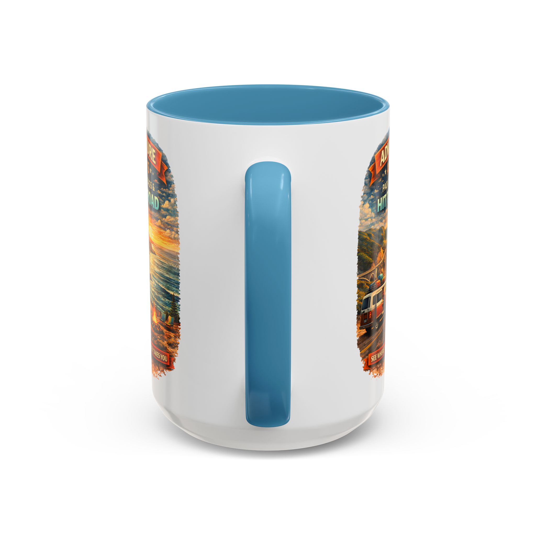 Accent Coffee Mug (11, 15oz) — "Adventure Awaits-Pack Your Bags" Design Scenic-Line