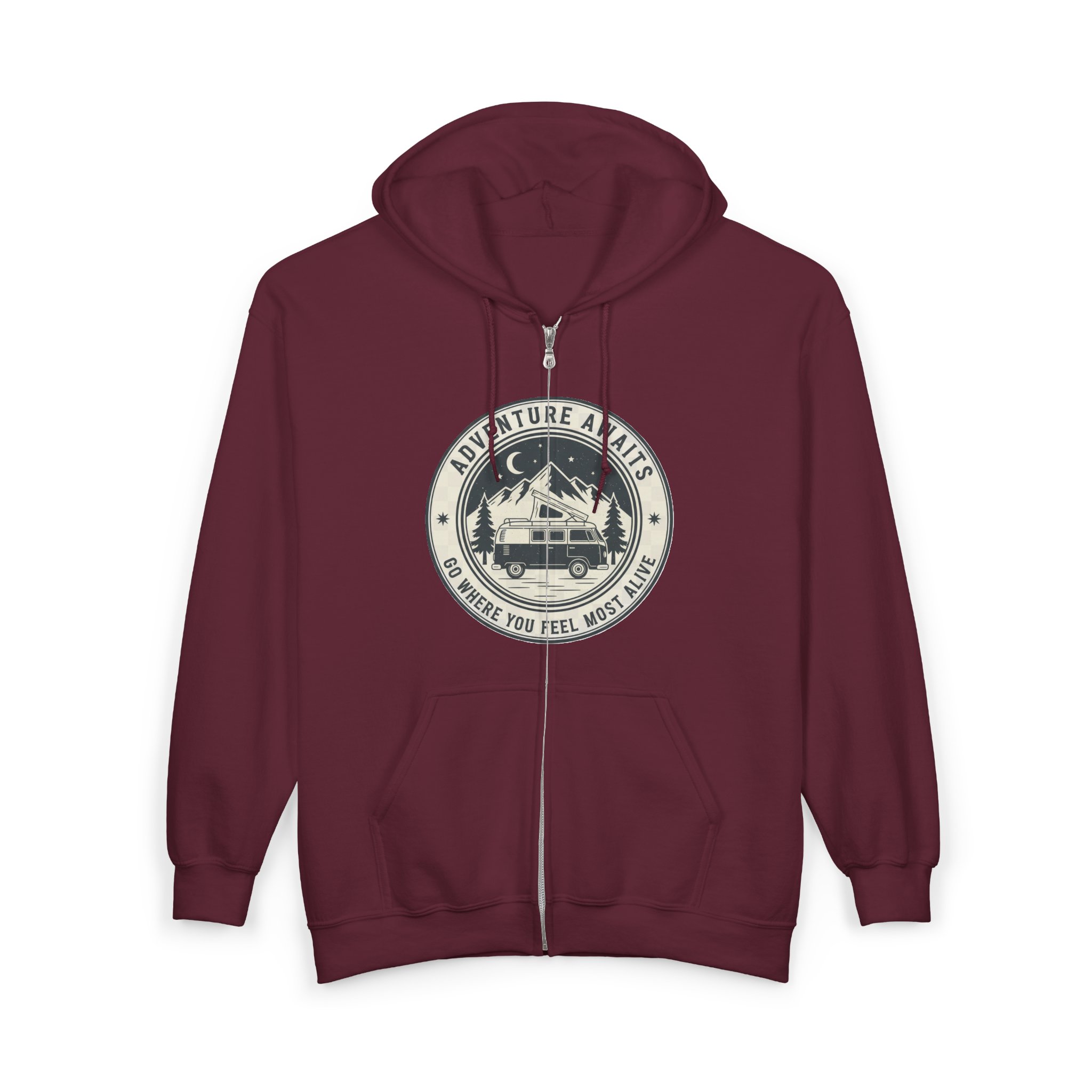 Zip Hoodie — "Adventure Awaits-Go Where You Feel Most Alive" (Only Front Printed) Camper Van Adventure Zip-Up
