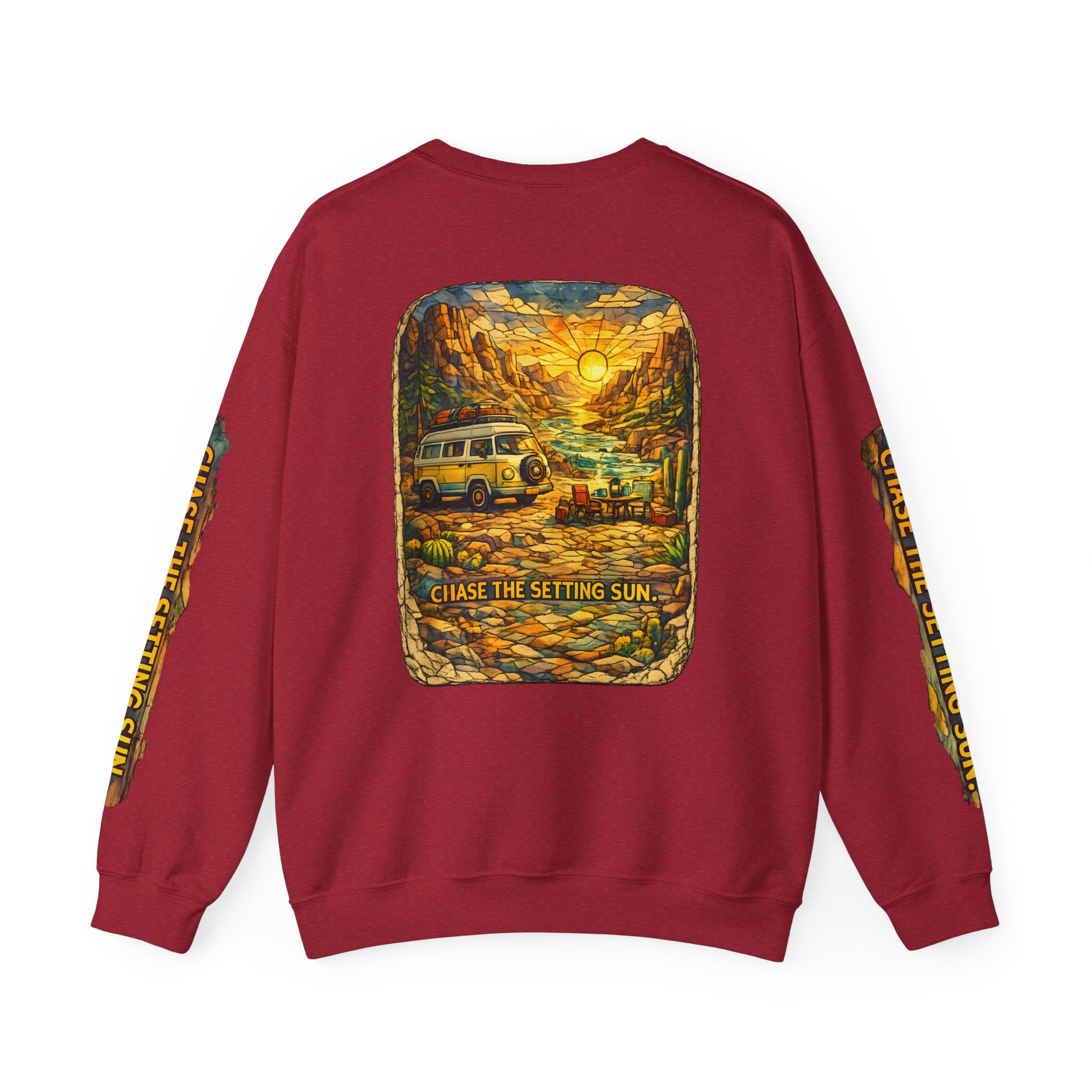 Unisex Heavy Blend™ Crewneck Sweatshirt — "Chase The Settings Sun" Design Cubic-Line