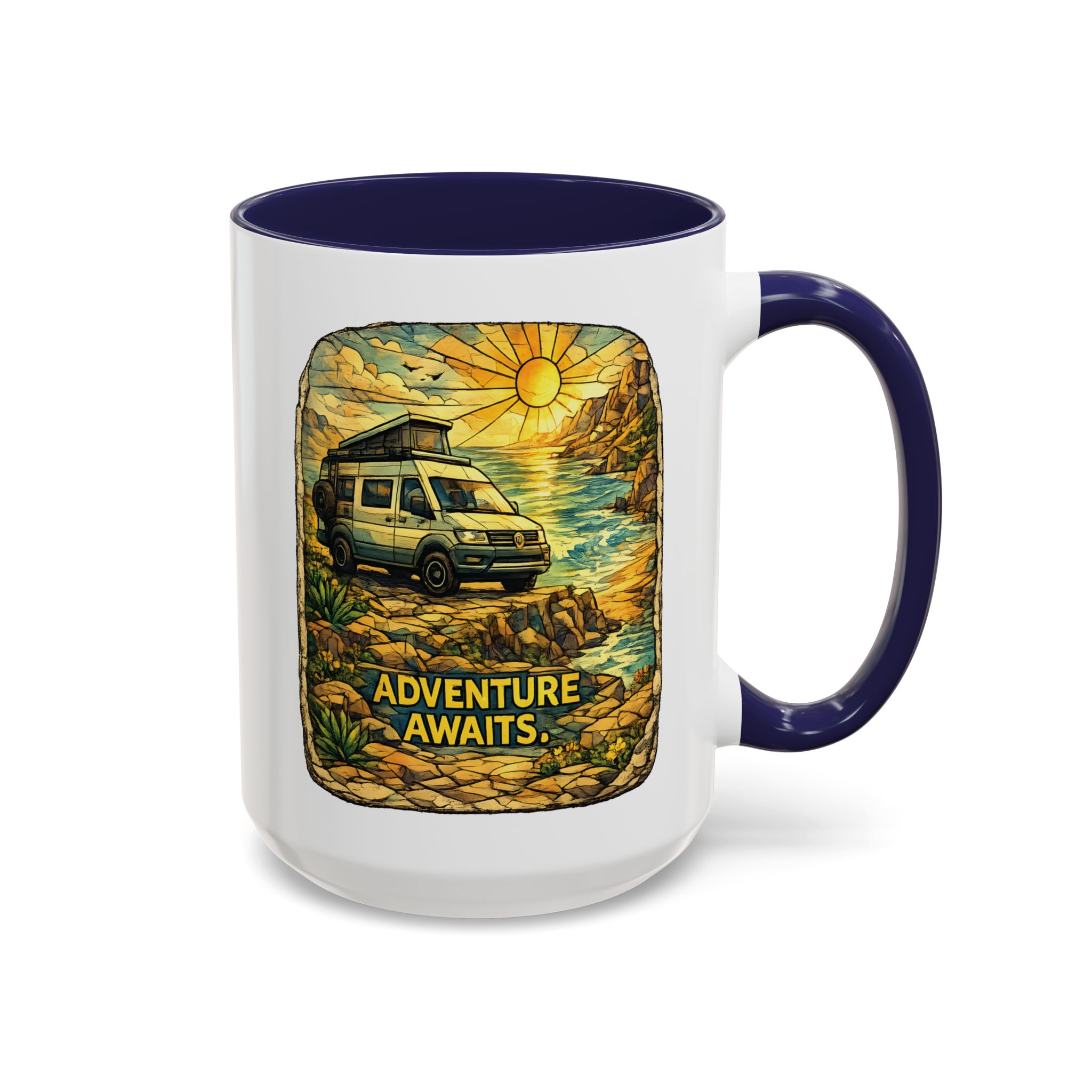 Accent Coffee Mug (11, 15oz) — "Adventure Awaits" Design Cubic-Line