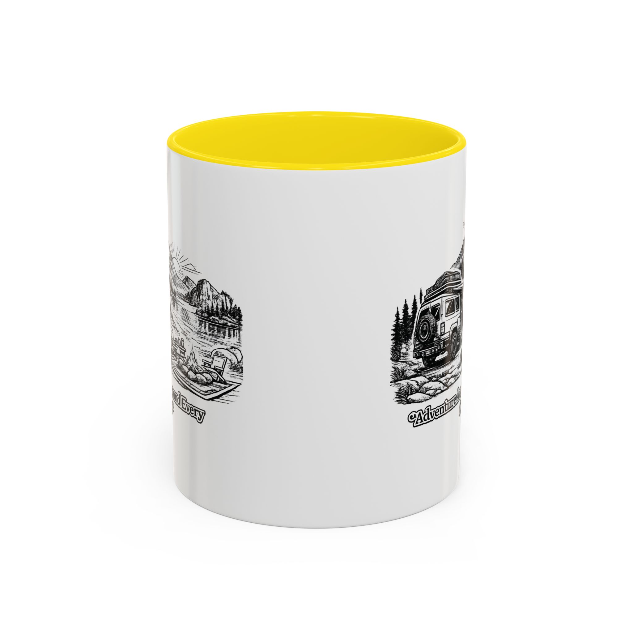 Accent Coffee Mug (11, 15oz) — "Adventure Awaits Around Every Corner" Design Minimal-Line