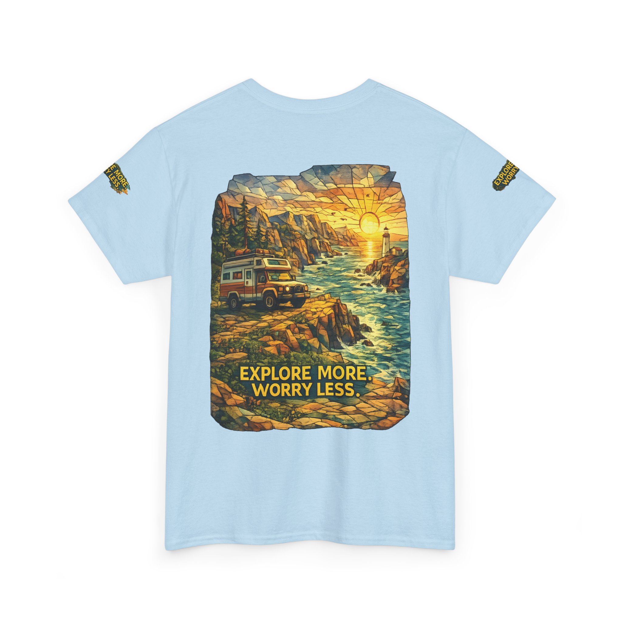 Unisex Heavy Cotton Tee — "Explore More Worry Less" Design Cubic-Line