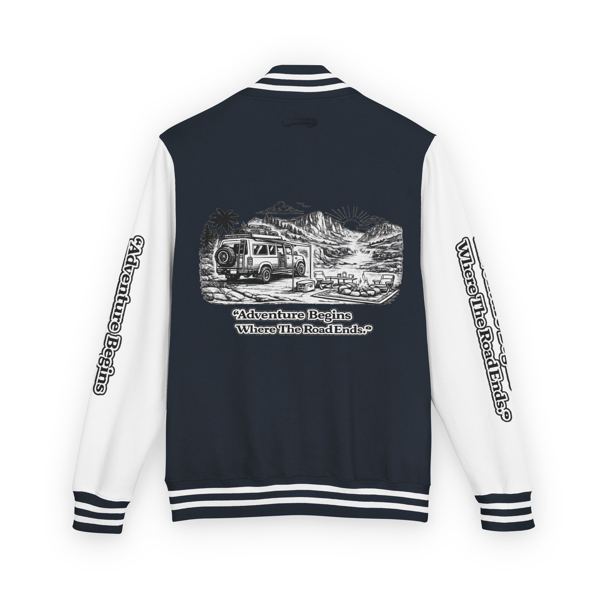 6871472140318678647_2048-1.jpeg Unisex Heavyweight Letterman Jacket — "Adventure Begins Where The Road Ends" Travel Varsity Coat