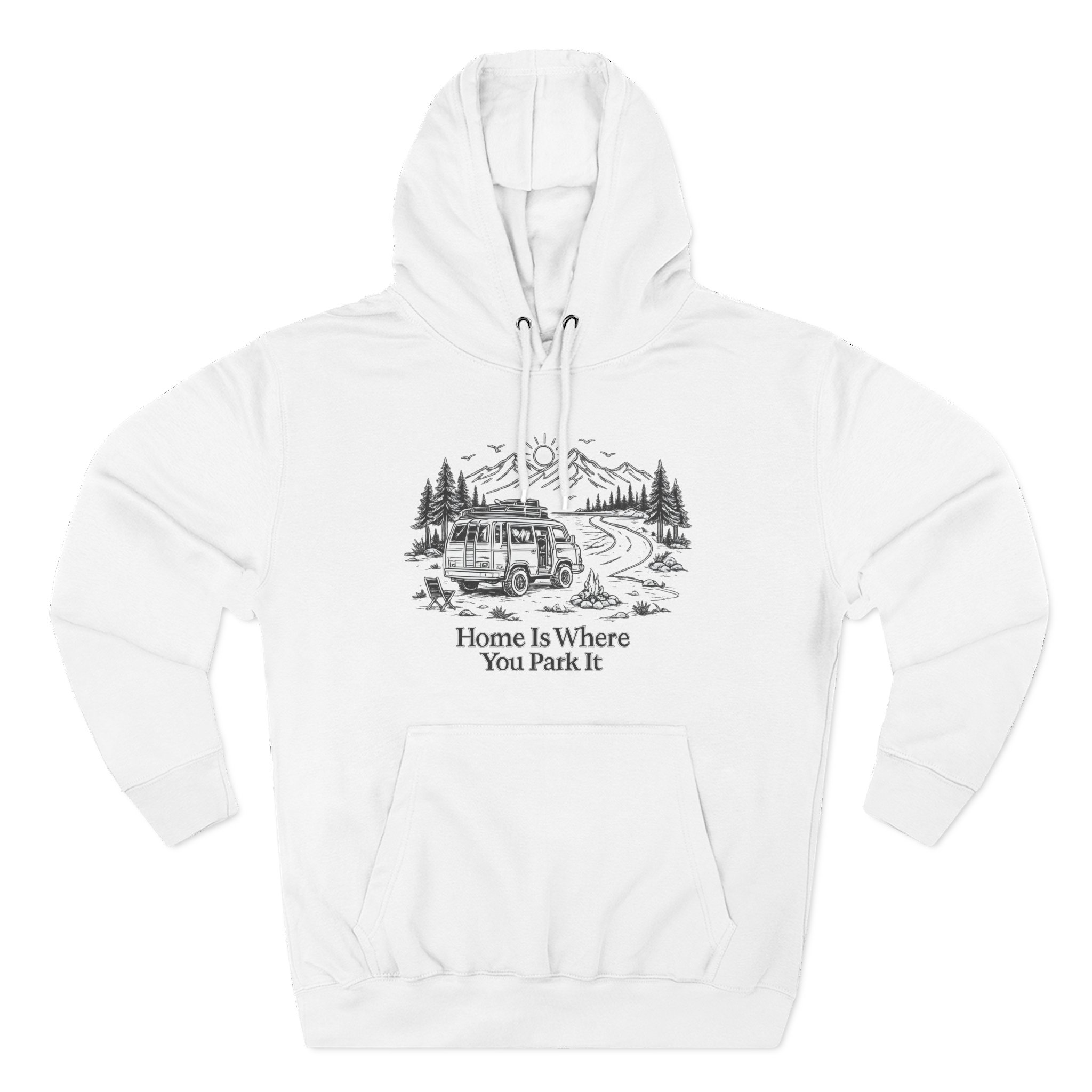 Three-Panel Fleece Hoodie - "Home Is Where You Park It" Design Minimal-Line