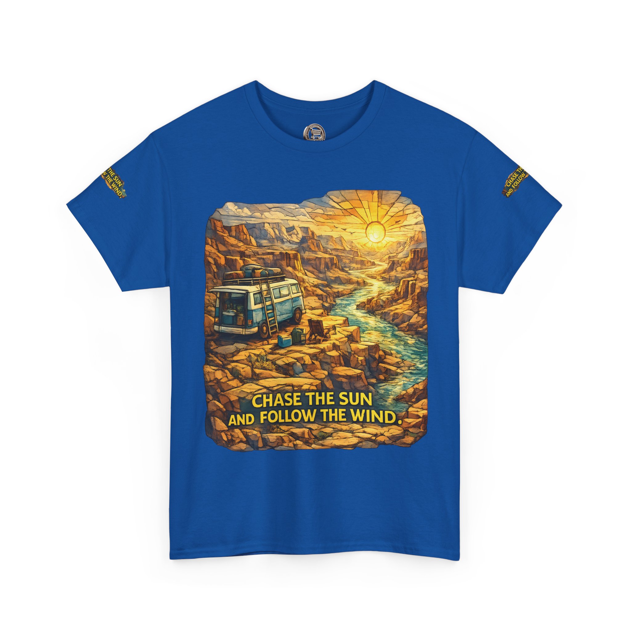 6882601843181477207_2048.jpeg Unisex Heavy Cotton Tee — "Chase The Sun And Follow The Wind" Design Cubic-Line
