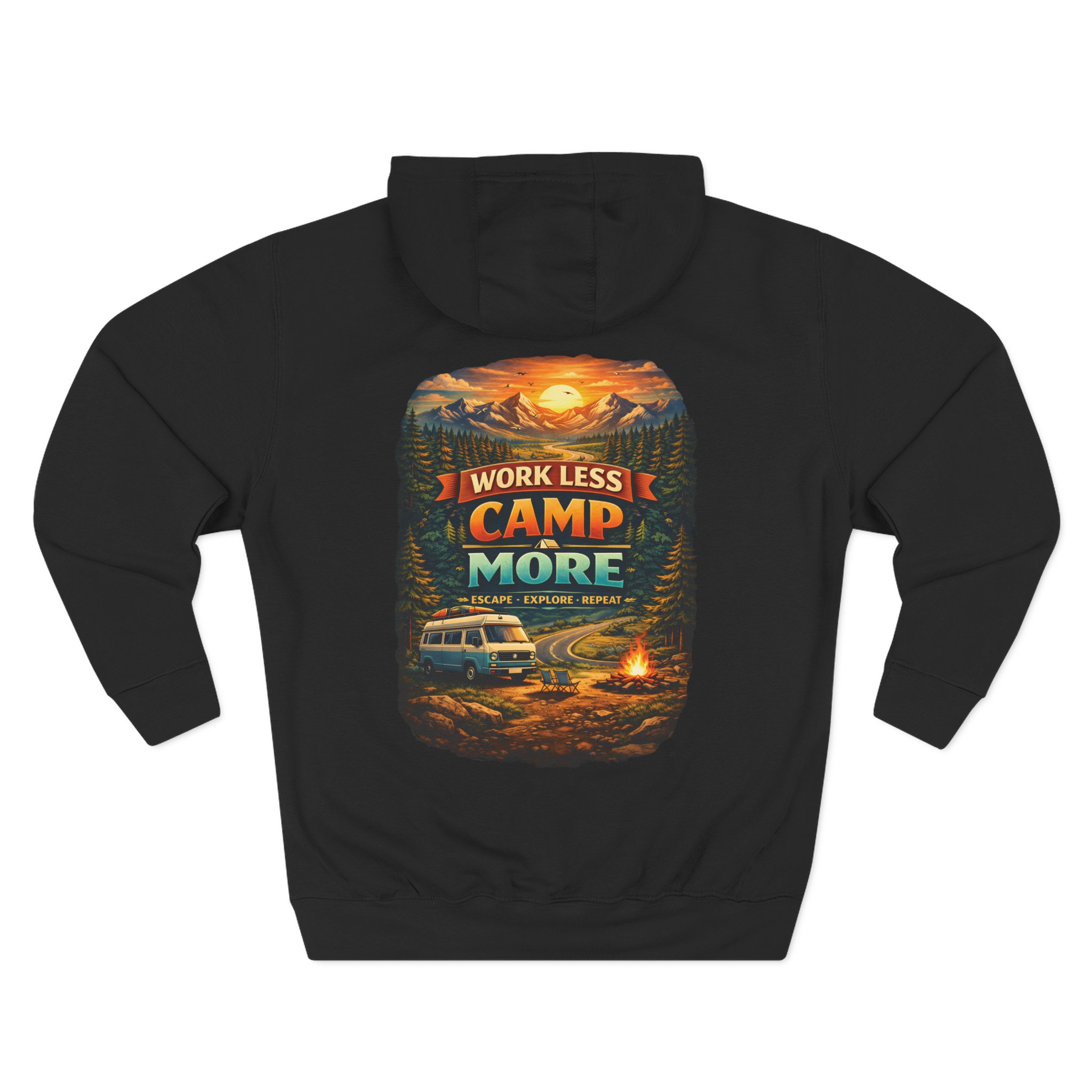 Three-Panel Fleece Hoodie - "Work Less-Camp More" Design Scenic-Line