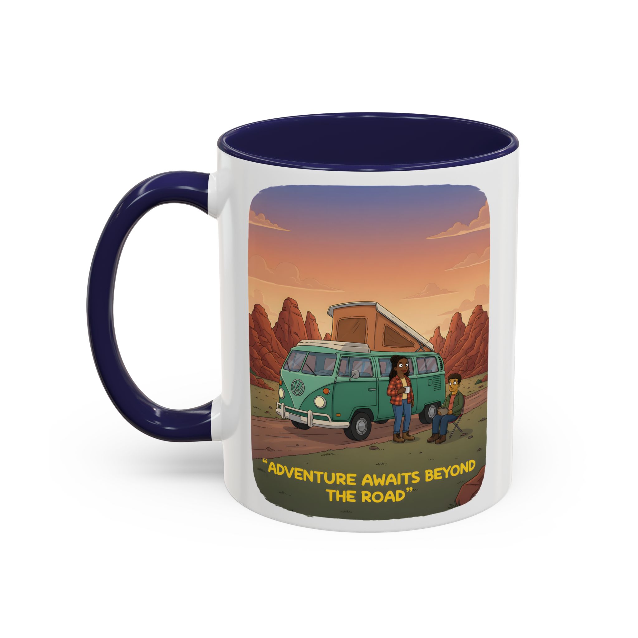 Accent Coffee Mug (11, 15oz) — "Adventure Awaits Beyond The Road" Design Sitcom-Line