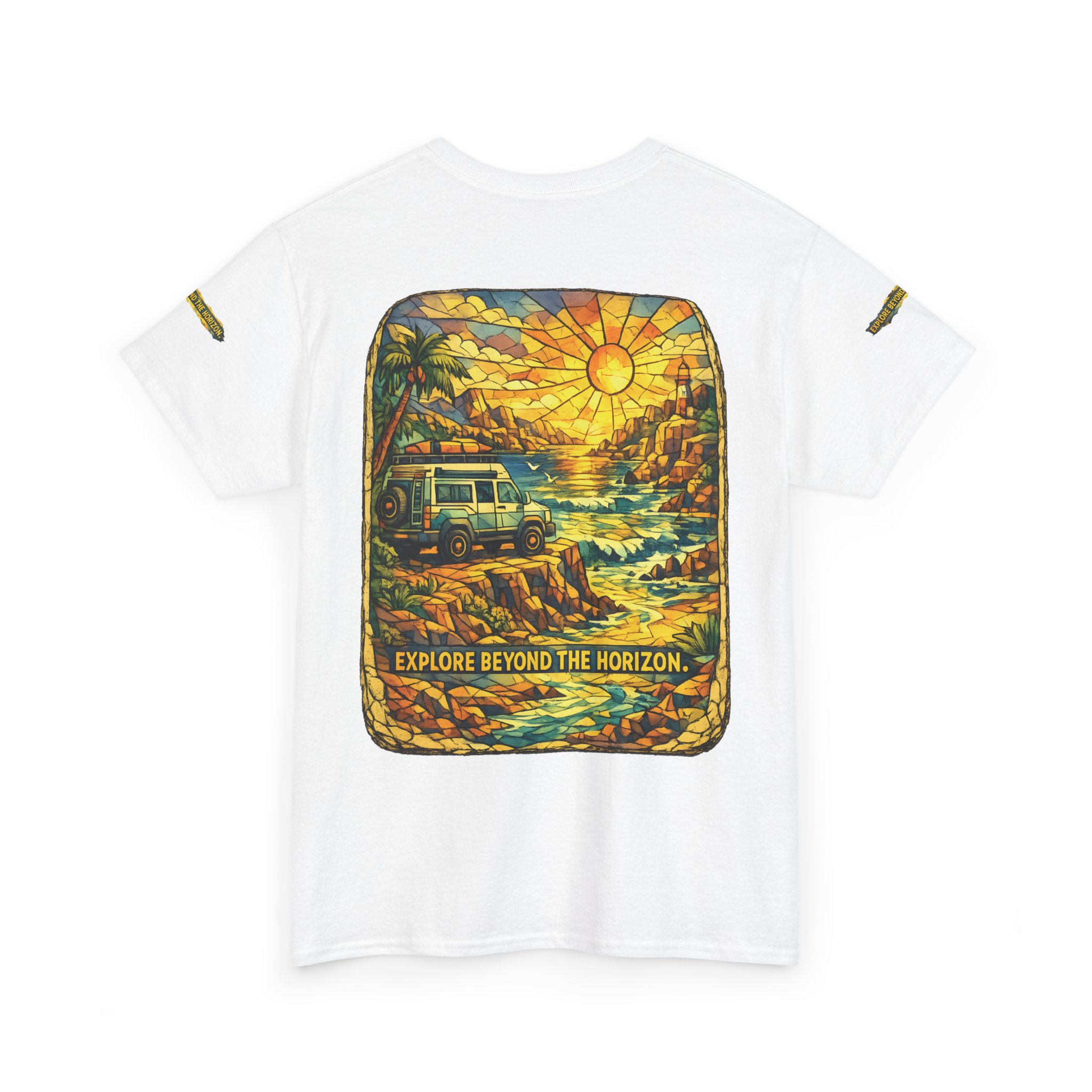 Unisex Heavy Cotton Tee — "Explore Beyond The Horizon" Design Cubic-Line