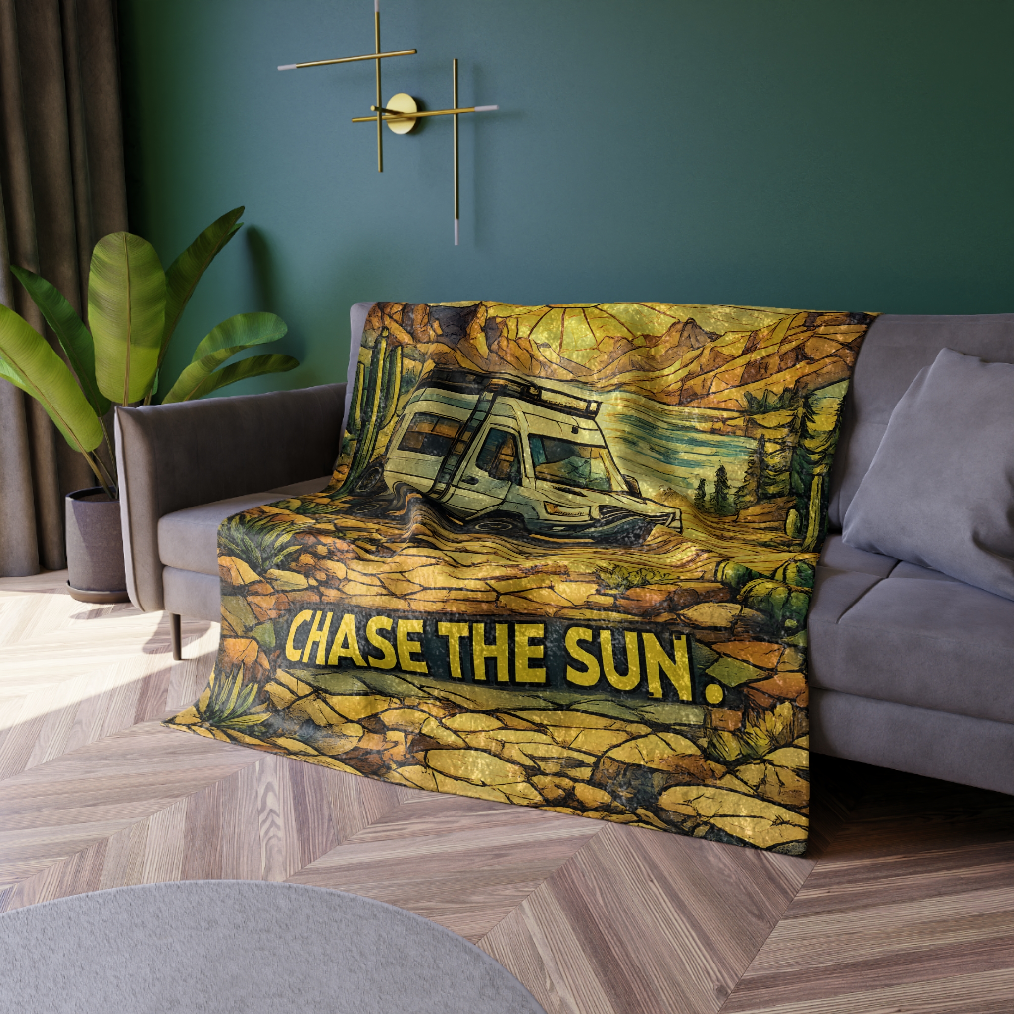 Crushed Velvet Blanket —"Chase The Sun And Follow The Wind" Design Cubic-Line(Campervan)