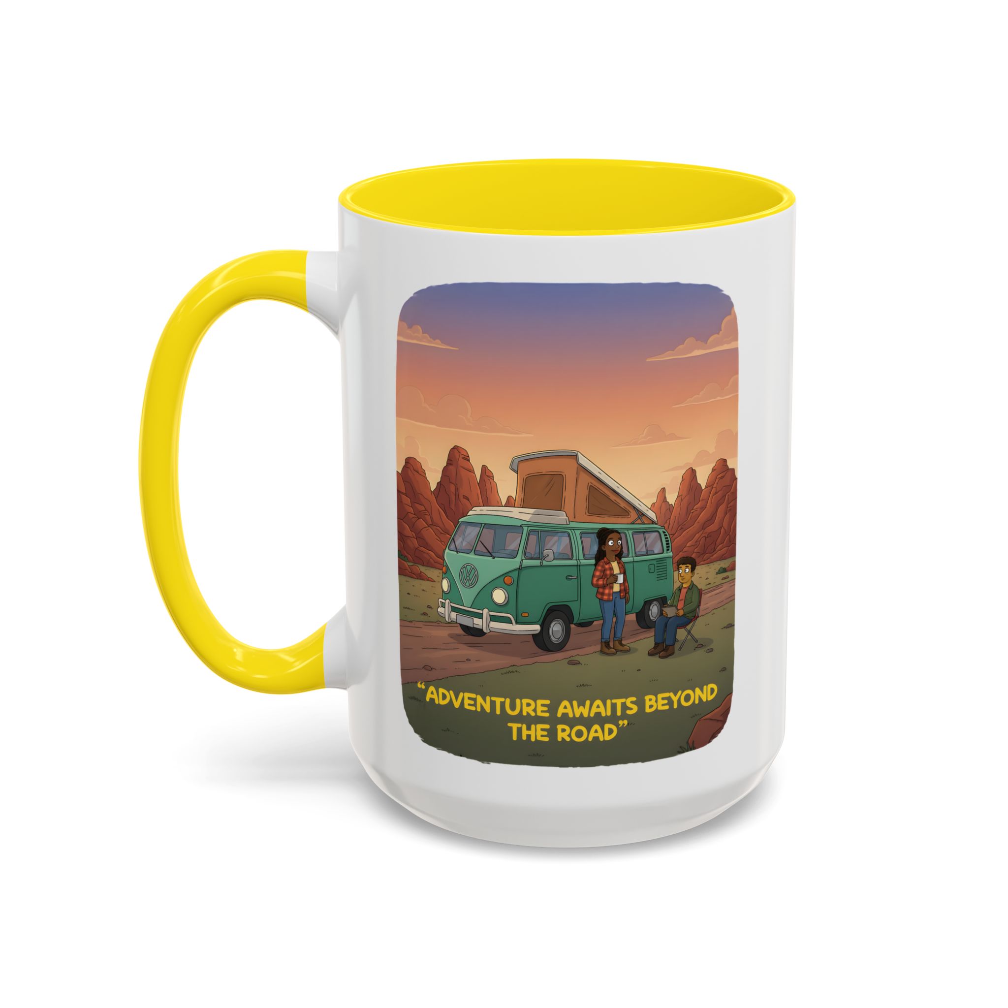Accent Coffee Mug (11, 15oz) — "Adventure Awaits Beyond The Road" Design Sitcom-Line