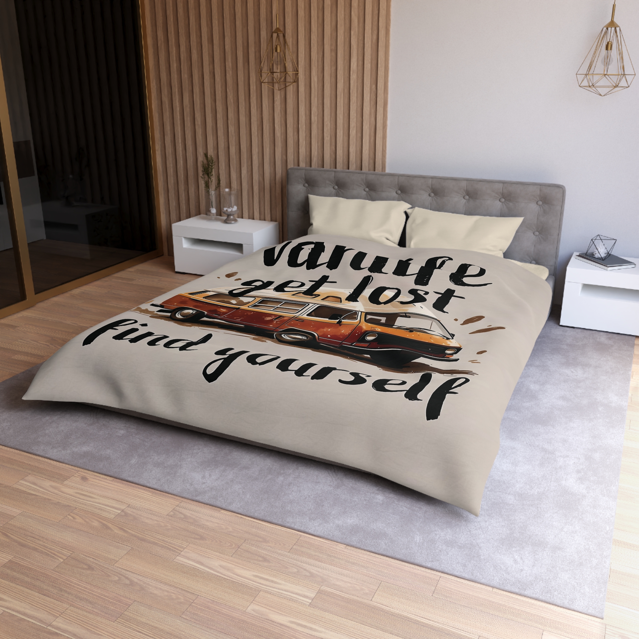 Duvet Cover – “Vanlife Get Lost Find Yourself” Retro Camper Bedding