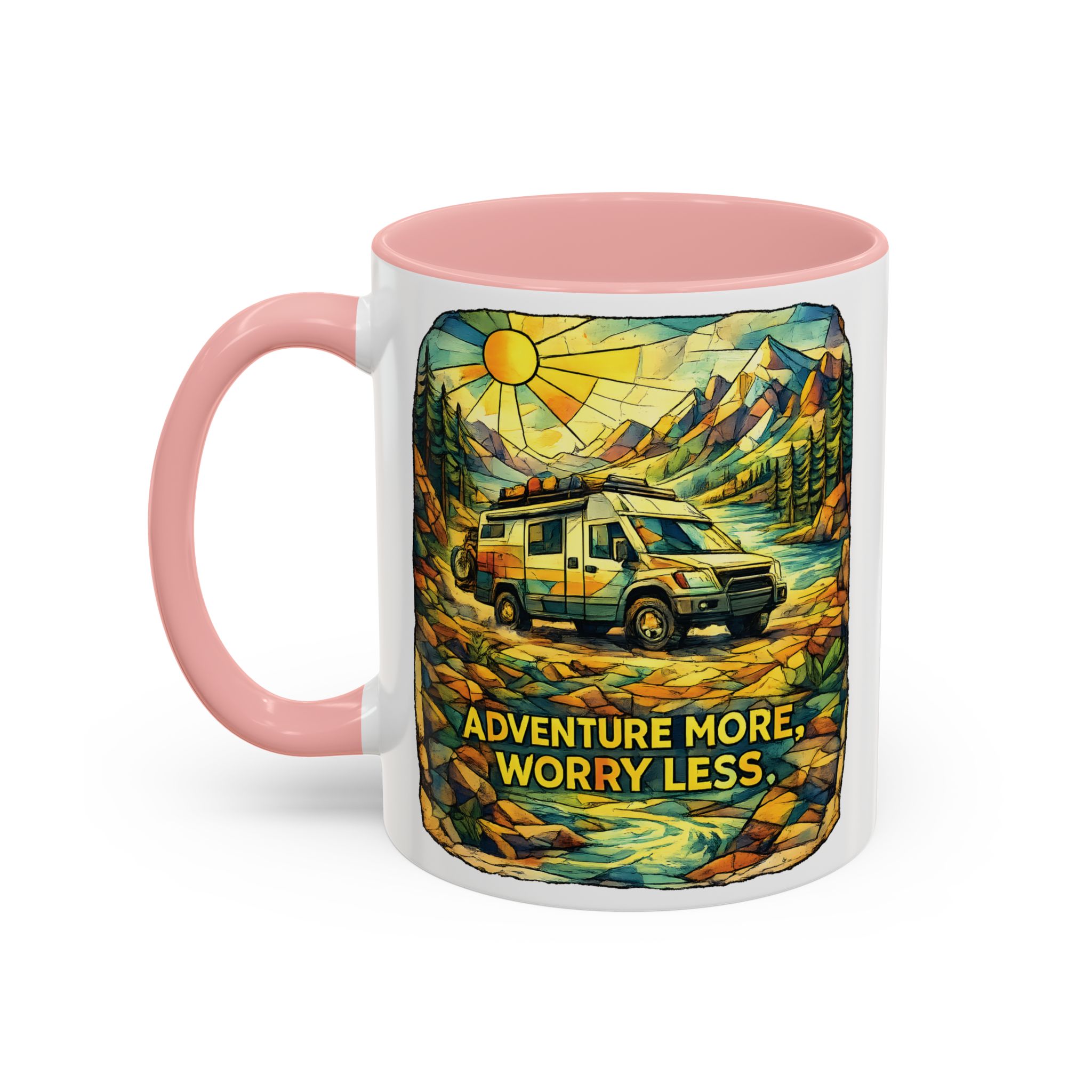 Accent Coffee Mug (11, 15oz) — "Adventure More Worry Less" Design Cubic-Line