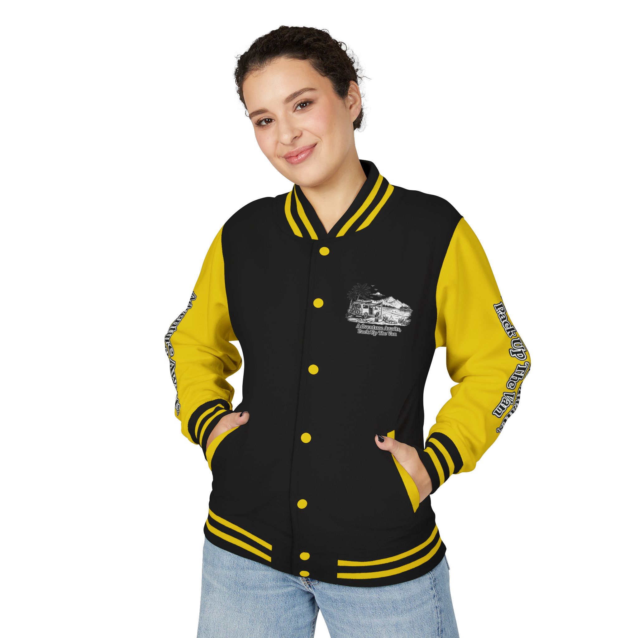 Unisex Heavyweight Letterman Jacket — "Adventure Awaits,Pack Up The Van" Travel Varsity Coat