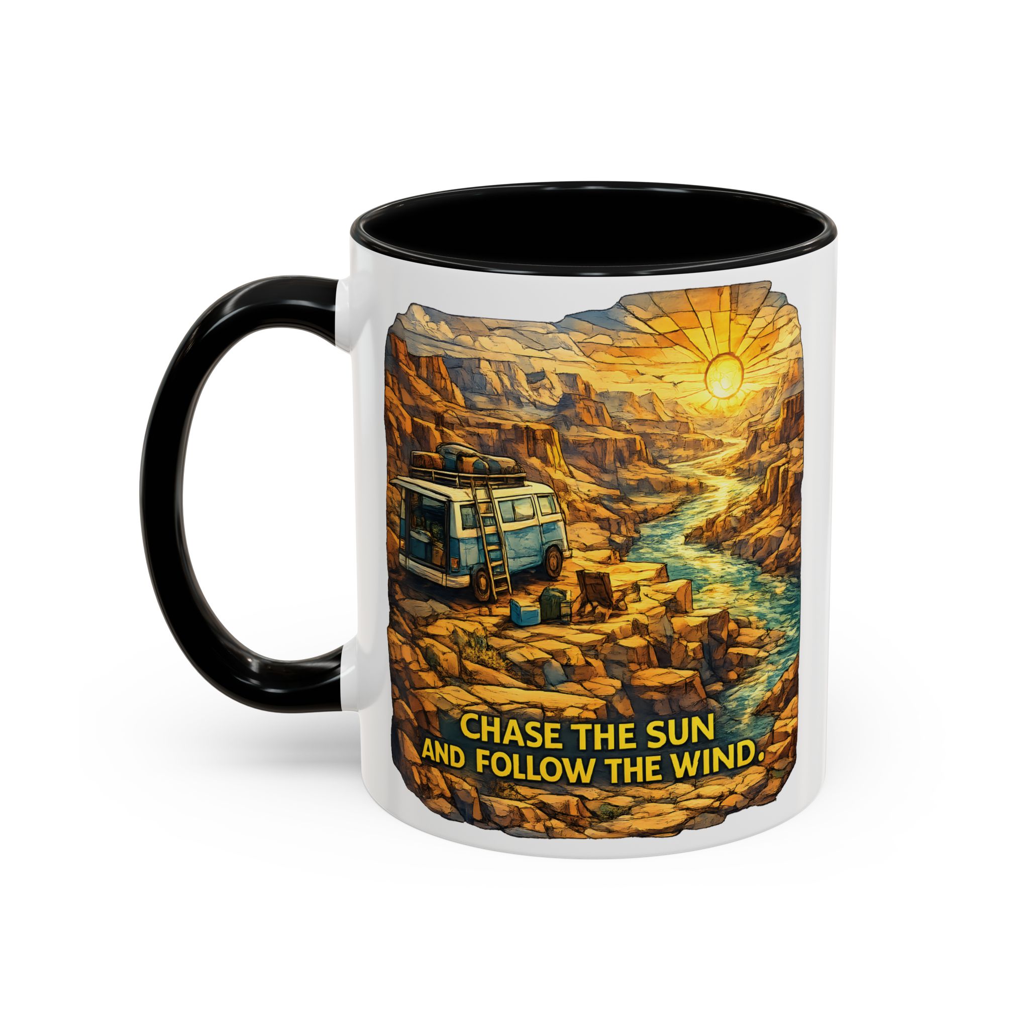 Accent Coffee Mug (11, 15oz) — "Chase The Sun And Follow The Wind" Design Cubic-Line