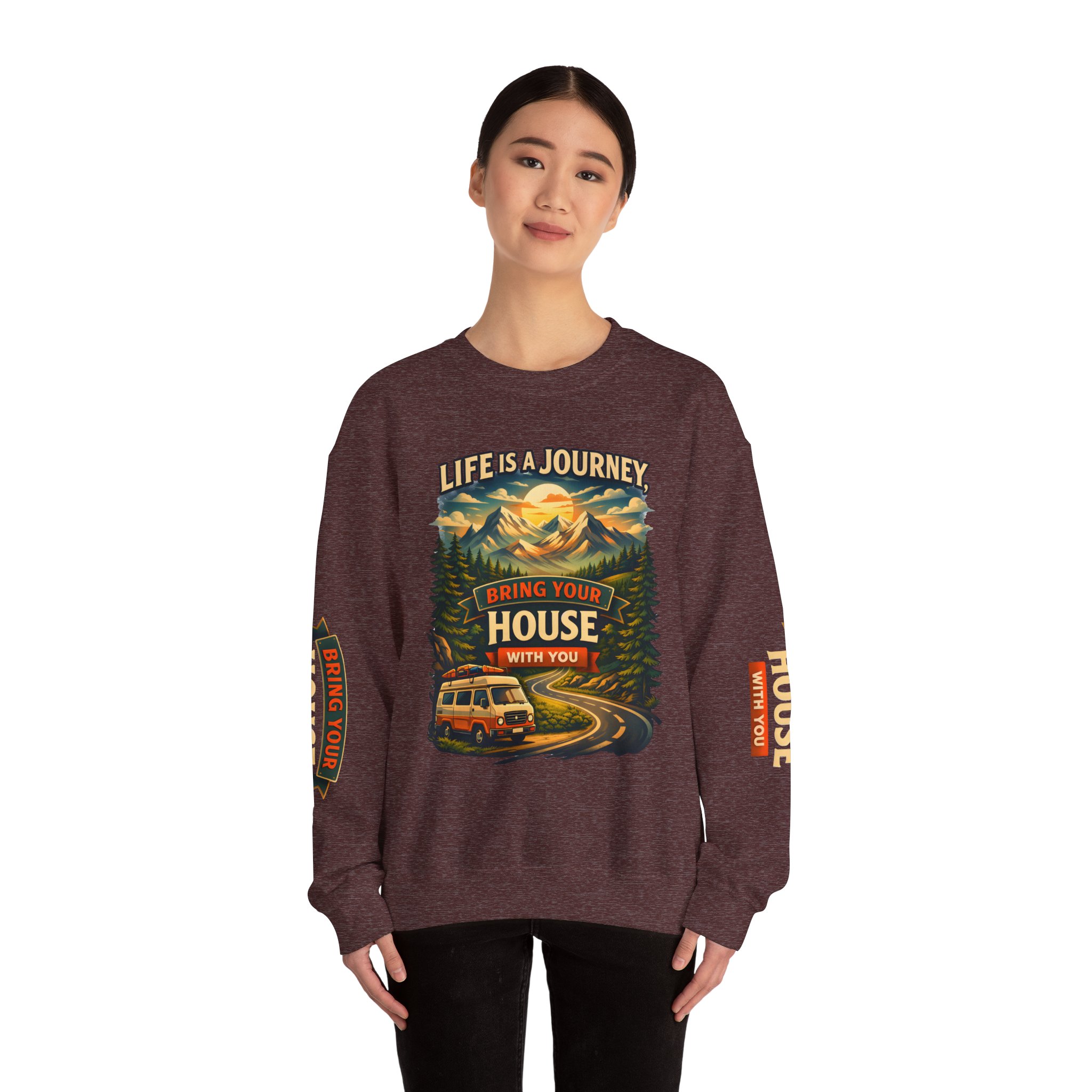 Unisex Heavy Blend™ Crewneck Sweatshirt — "Live Is A Journey-Bring Your House With You" Design Scenic-Line