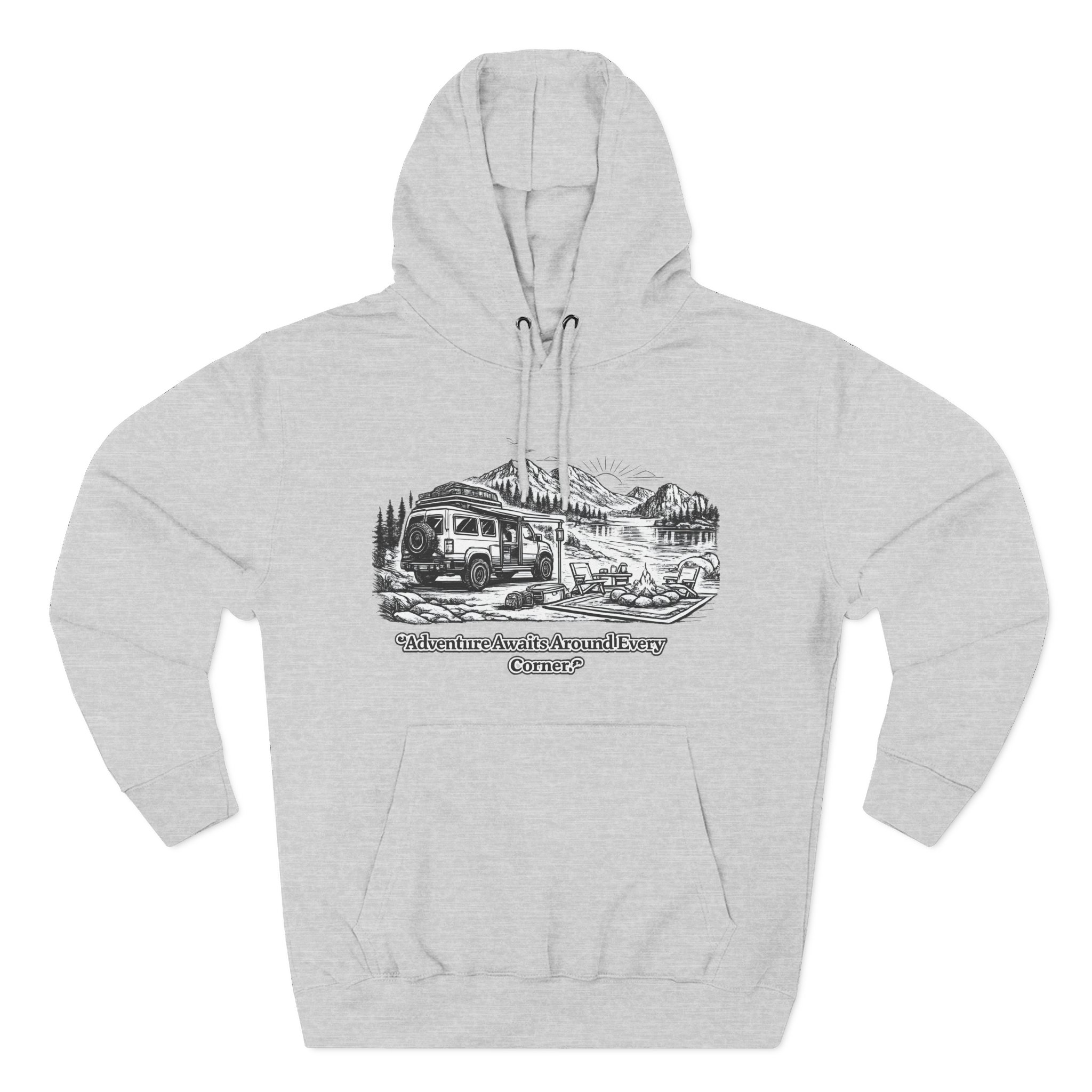 6953298499471449622_2048.jpeg Three-Panel Fleece Hoodie - "Adventure Awaits Around Every Corner" Design Minimal-Line