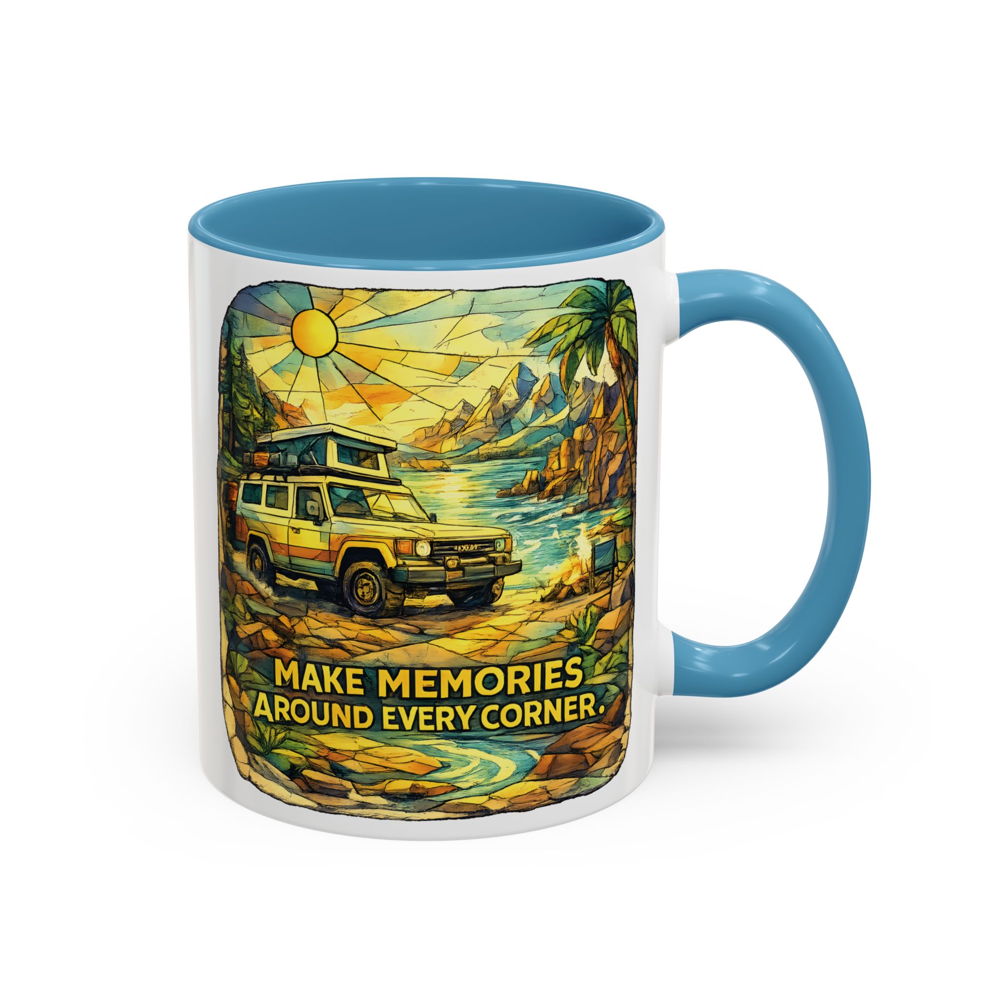 Accent Coffee Mug (11, 15oz) — "Make Memories Around Every Corner" Design Cubic-Line