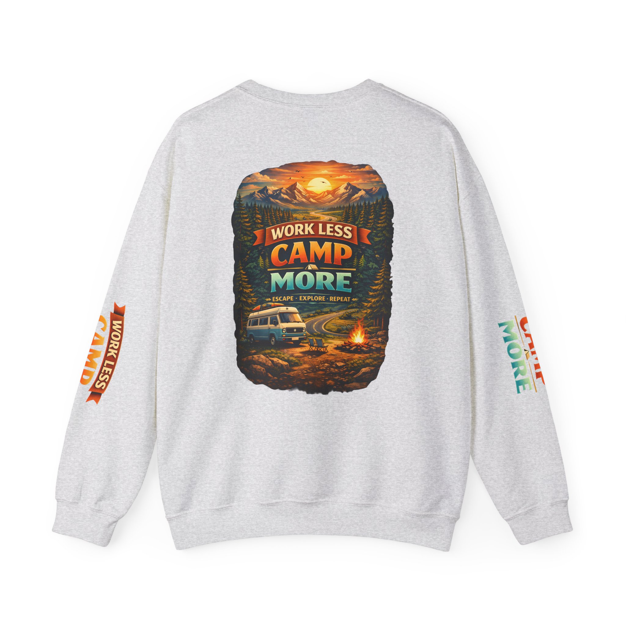 Unisex Heavy Blend™ Crewneck Sweatshirt — "Work Less-Camp More" Design Scenic-Line