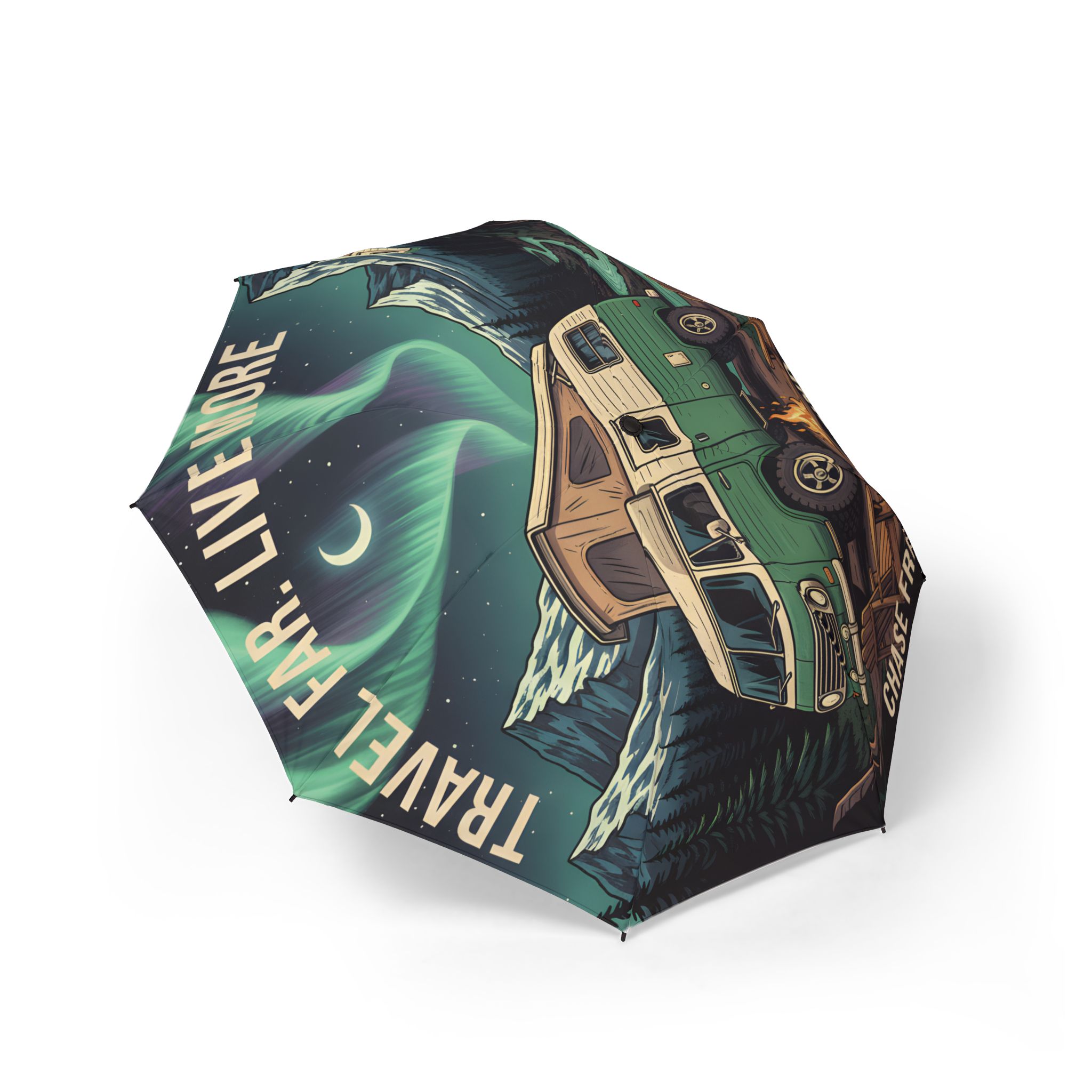 Semi-Automatic Foldable Umbrella — "Travel Far Live More" Vintage Adventure Print