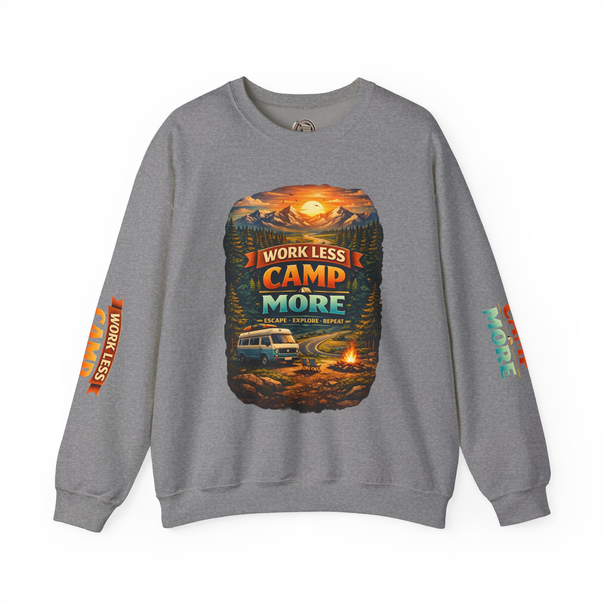 Unisex Heavy Blend™ Crewneck Sweatshirt — "Work Less-Camp More" Design Scenic-Line