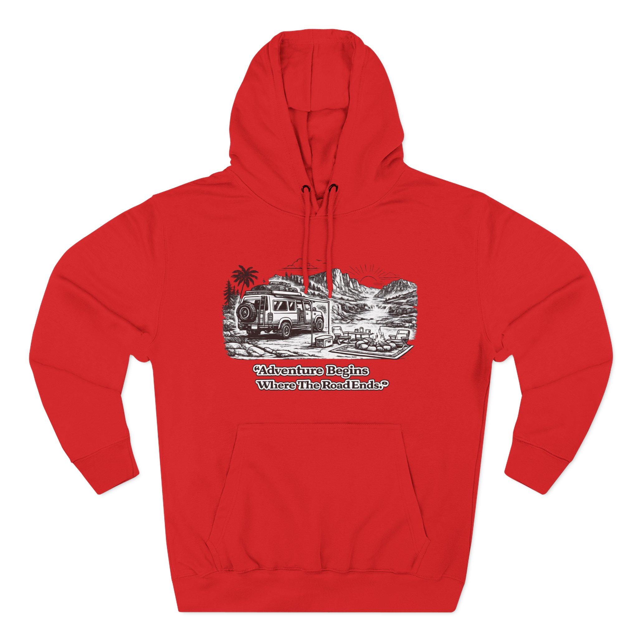 Three-Panel Fleece Hoodie - "Adventure Begins Where The Road Ends" Design Minimal-Line