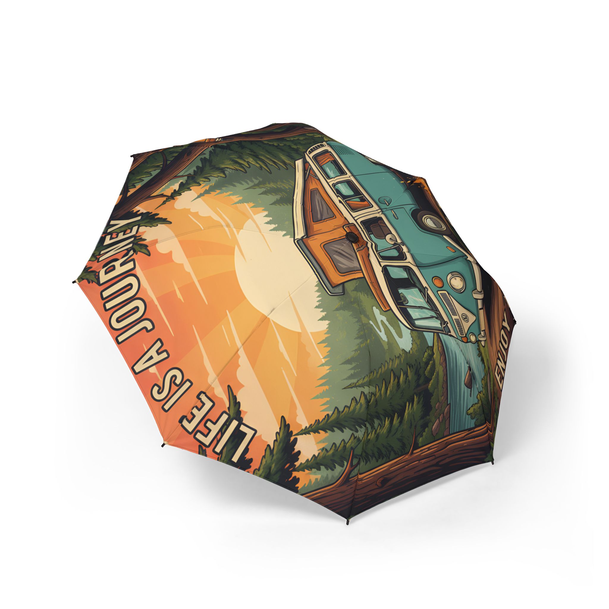 Semi-Automatic Foldable Umbrella — "Life Is A Journey-Enkoy The Ride" Vintage Adventure Print