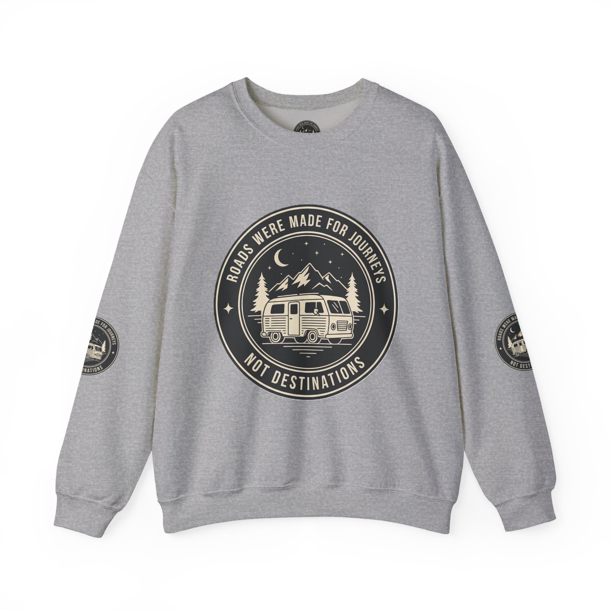 Crewneck Sweatshirt — "ROAD WHERE MADE FOR JOURNEYS-NOT DESTINATIONS" (Font + Back + Sleaves printed) Vintage Camper Van Outdoor Graphic