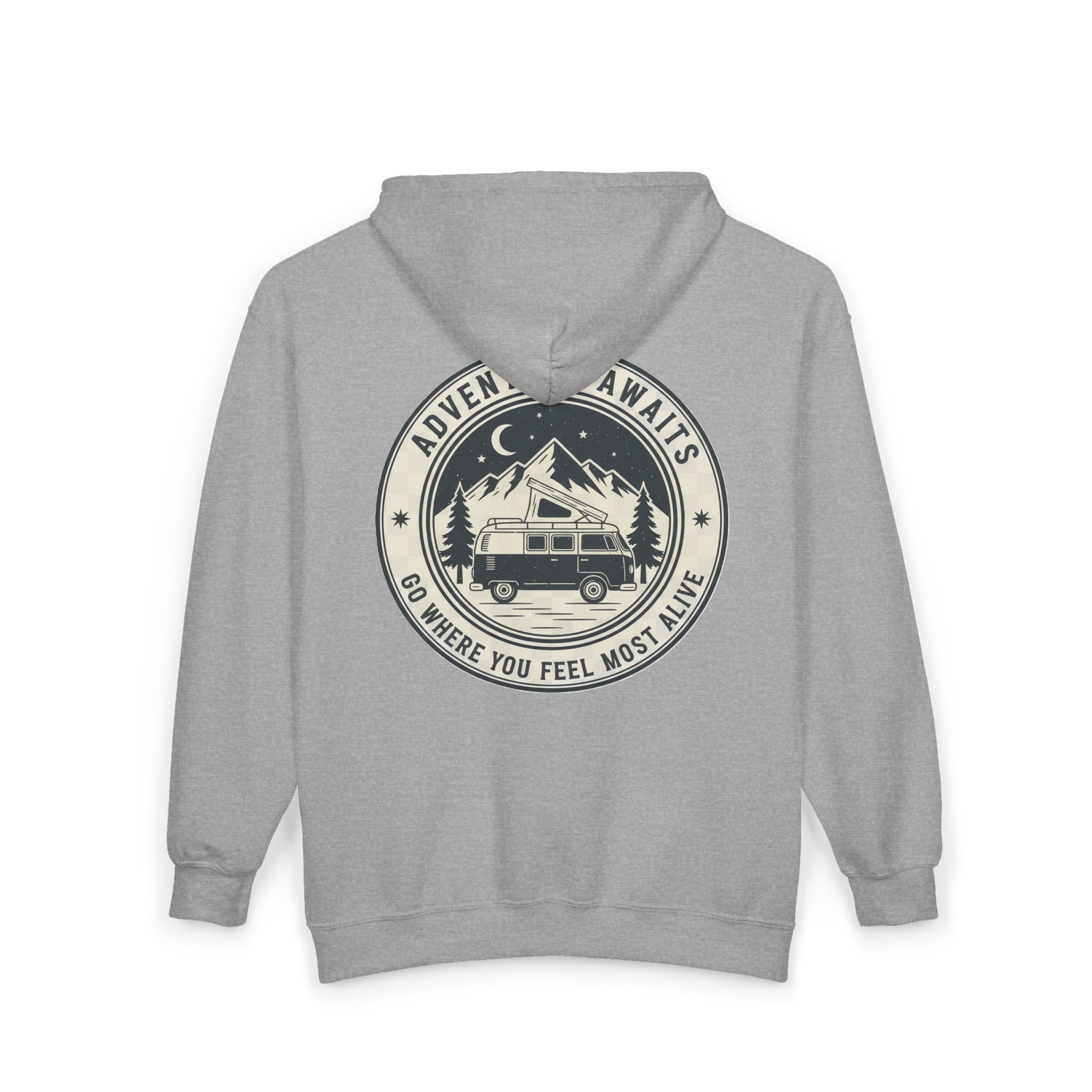 Zip Hoodie — "Adventure Awaits-Go Where You Feel Most Alive" (Only Back Printed) Camper Van Adventure Zip-Up