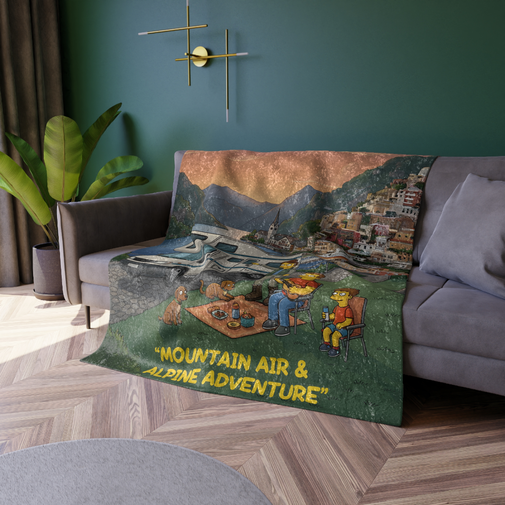 Crushed Velvet Blanket —"Mountain Air-Alpine Adventure" Design Sitcom-Line (Campervan)