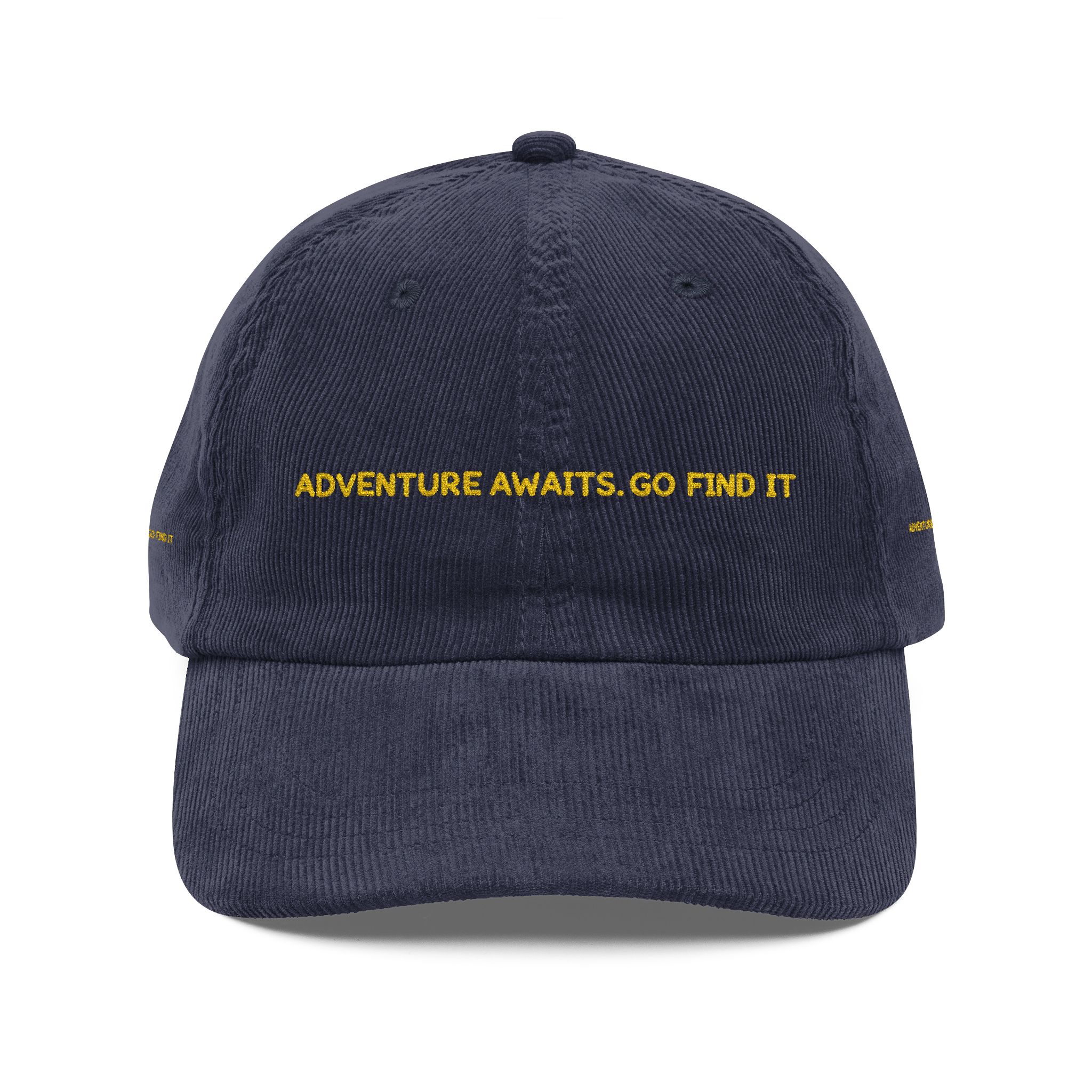 Vintage Corduroy Cap (Embroidery) — "Adventure Awaits, Go Find It" Embroidered Hat