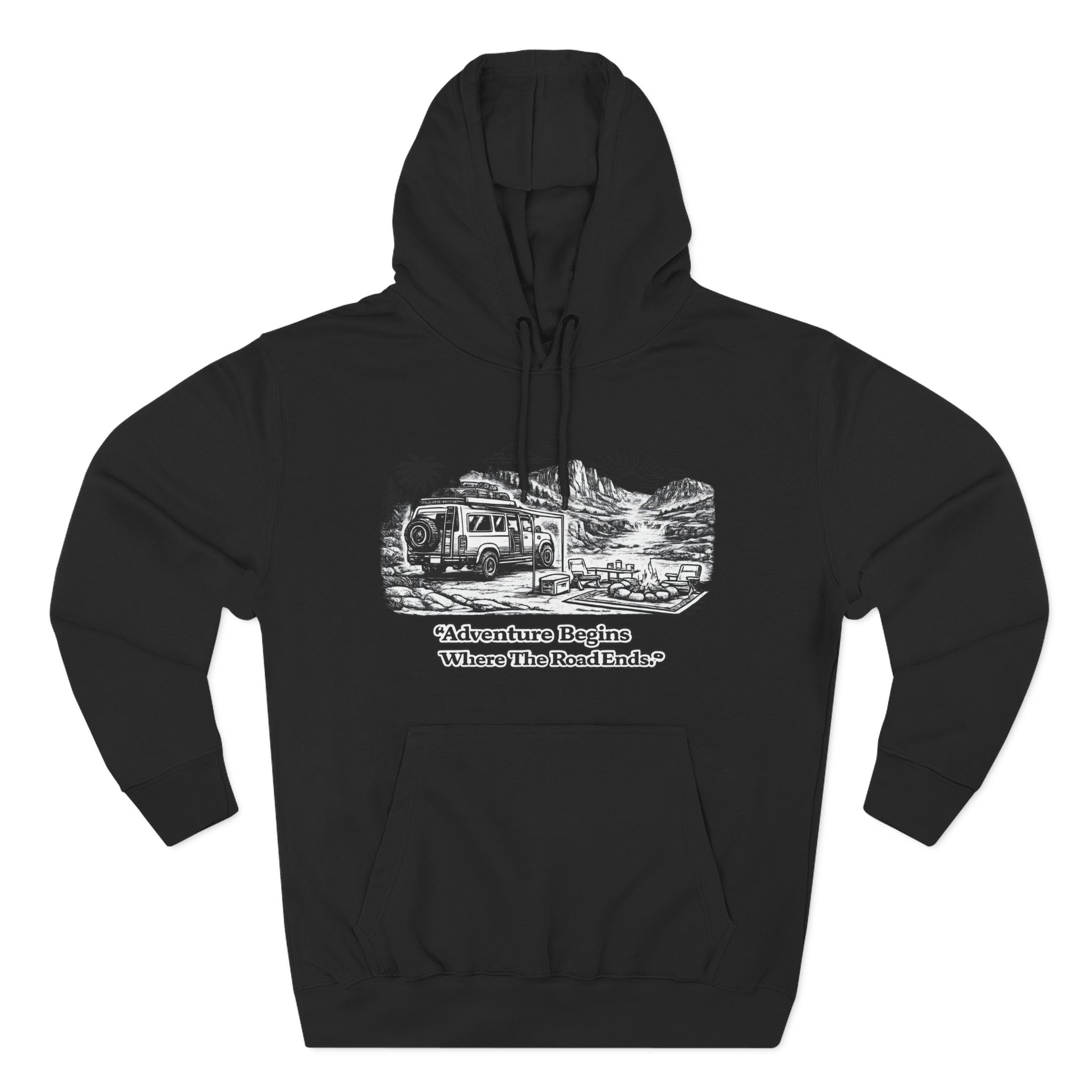 Three-Panel Fleece Hoodie - "Adventure Begins Where The Road Ends" Design Minimal-Line