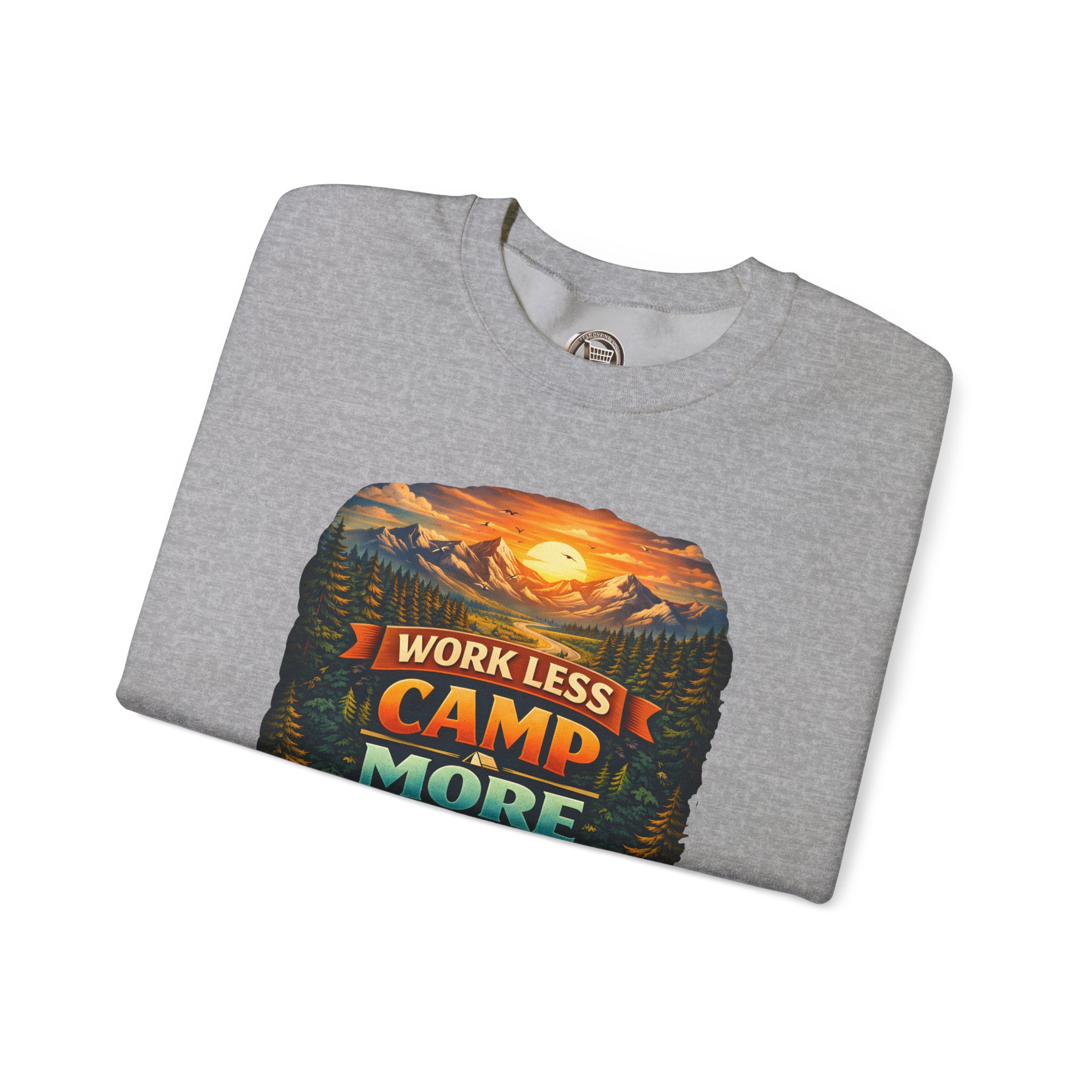 Unisex Heavy Blend™ Crewneck Sweatshirt — "Work Less-Camp More" Design Scenic-Line