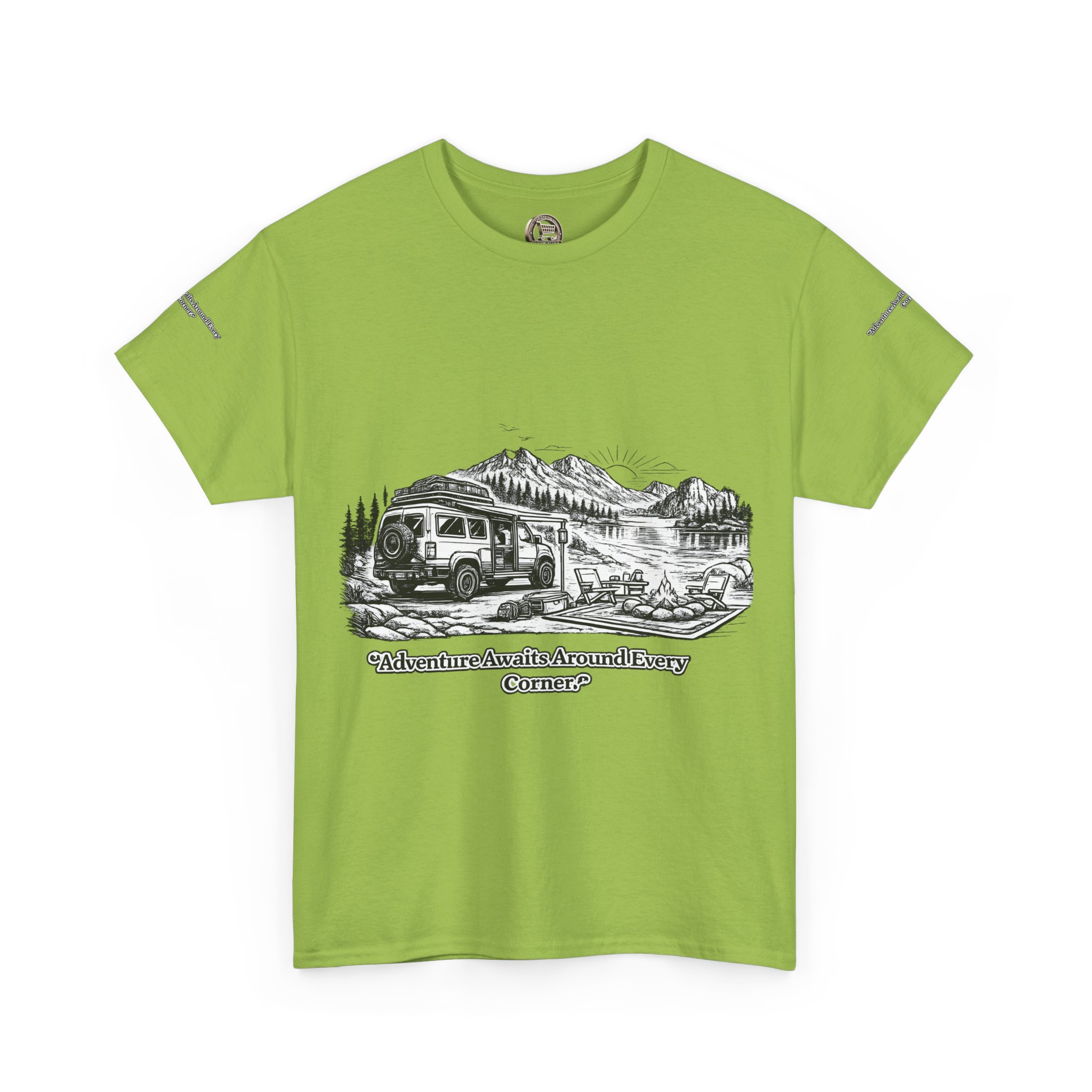 Unisex Heavy Cotton Tee — "Adventure Awaits Around Every Corner" Design Minimal-Line