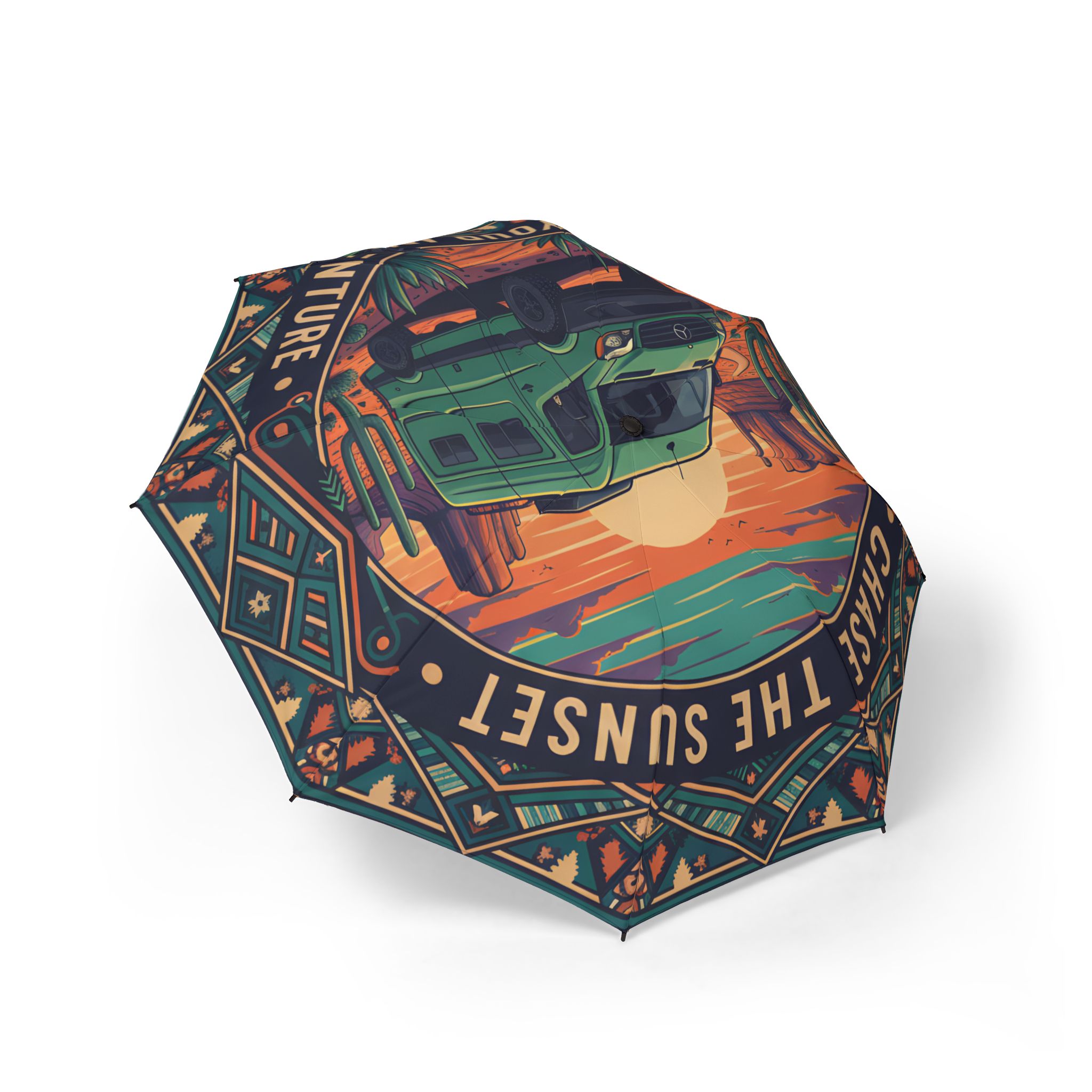 Semi-Automatic Foldable Umbrella — "Chase The Sunset-Find Your Adventure" Vintage Adventure Print