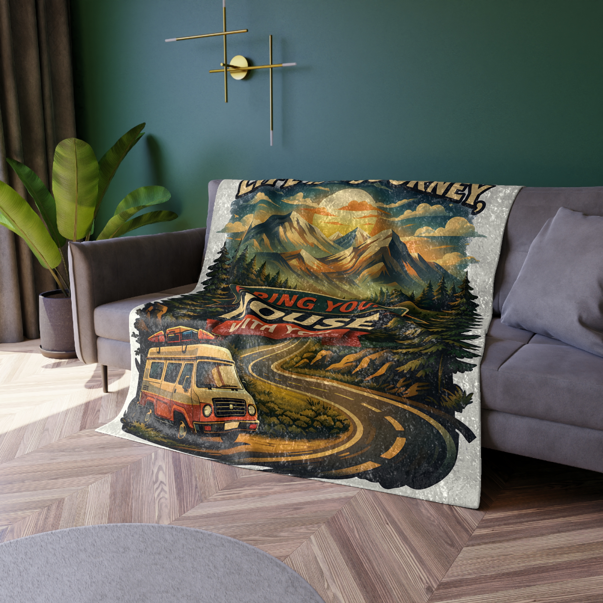 Crushed Velvet Blanket —"Live Is A Journey-Bring Your House With You" Design Scenic-Line (Campervan)