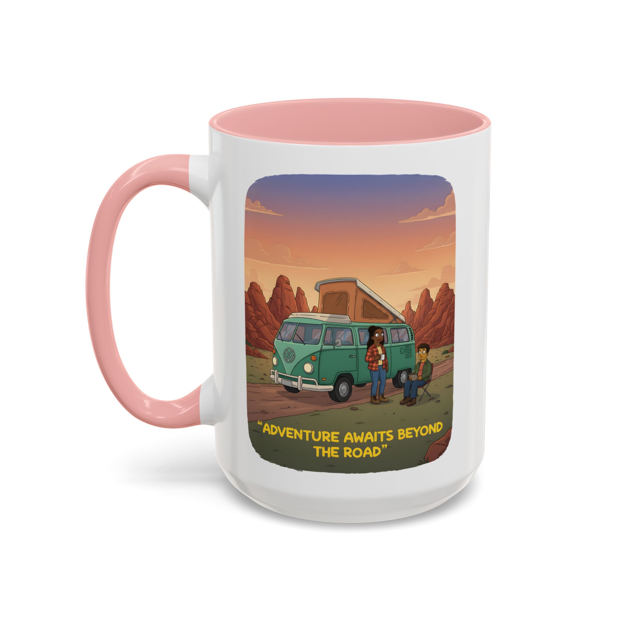 Accent Coffee Mug (11, 15oz) — "Adventure Awaits Beyond The Road" Design Sitcom-Line
