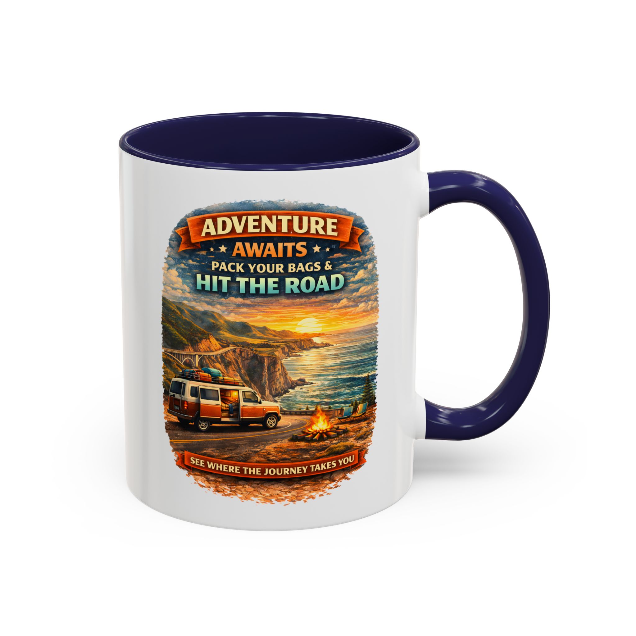Accent Coffee Mug (11, 15oz) — "Adventure Awaits-Pack Your Bags" Design Scenic-Line