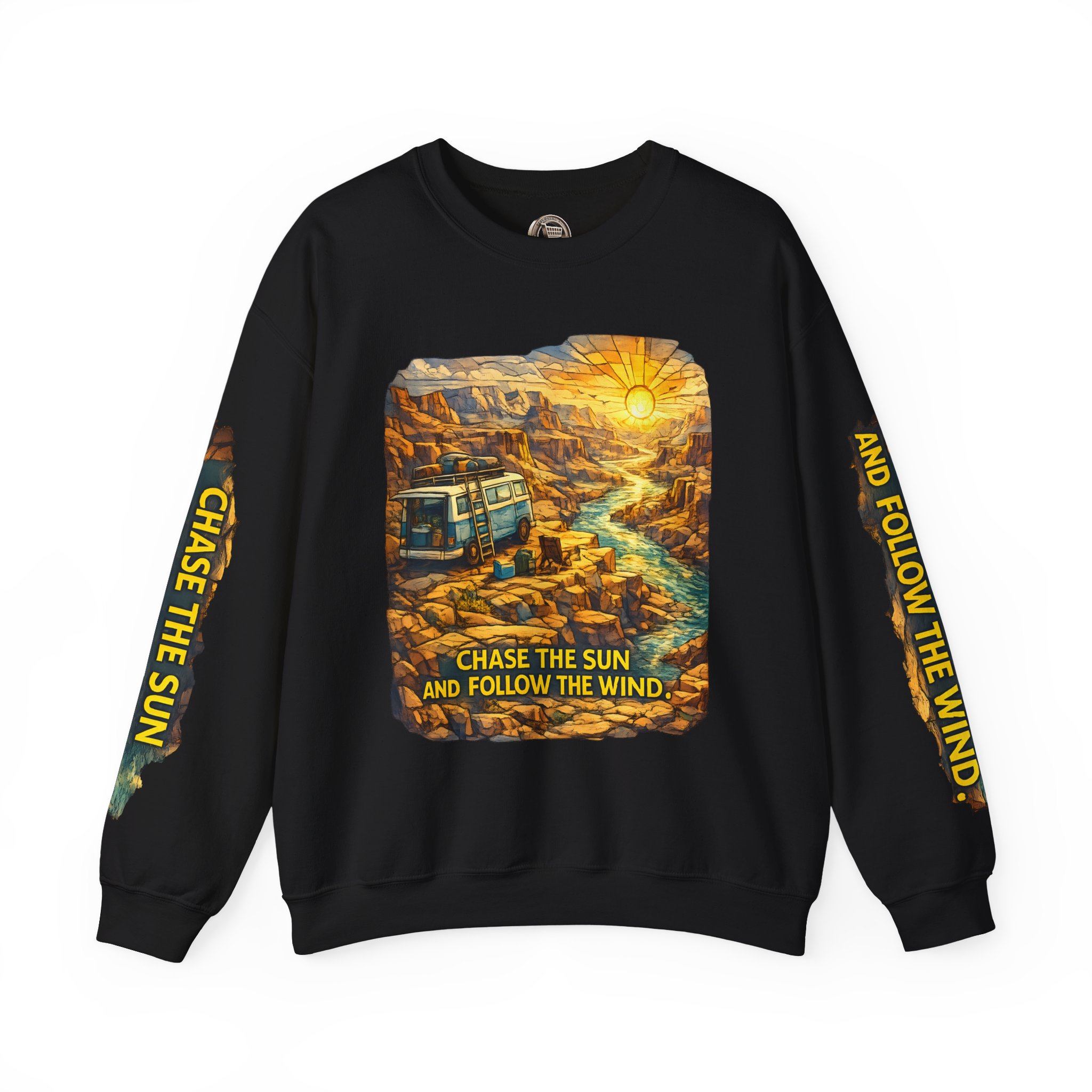7057458901336805357_2048.jpeg Unisex Heavy Blend™ Crewneck Sweatshirt — "Chase The Sun And Follow The Wind" Design Cubic-Line