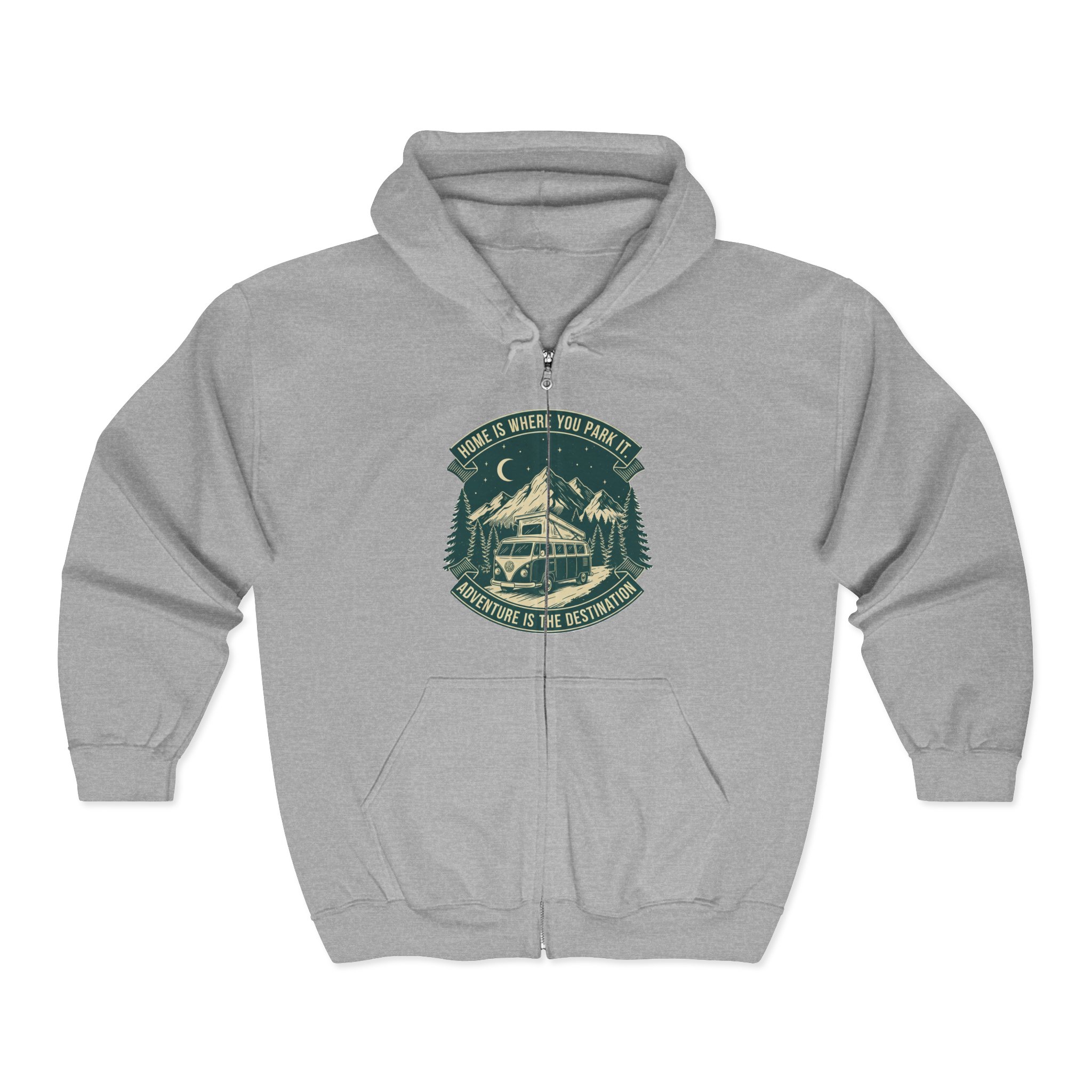 7060263201203615671_2048.jpeg Zip Hoodie — "Home Is Where You Park It-Adventure is the destination"(Front + Back Printed) Camper Van Adventure Zip-Up