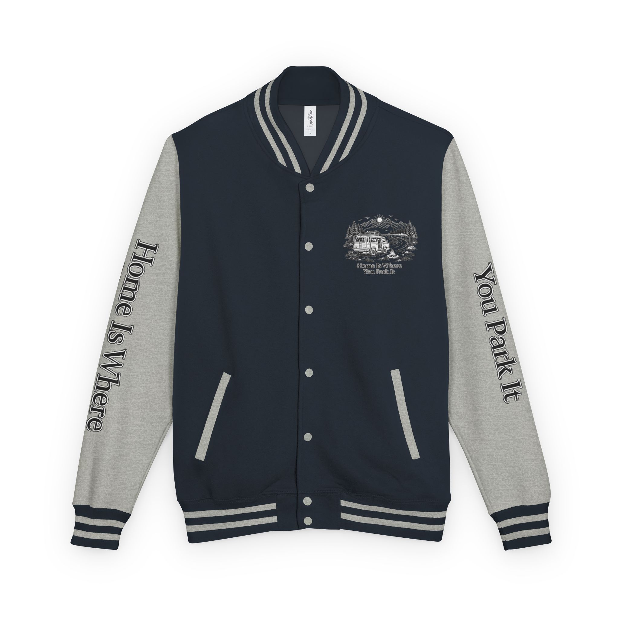 Unisex Heavyweight Letterman Jacket — "Home Is Where You Park It" Travel Varsity Coat