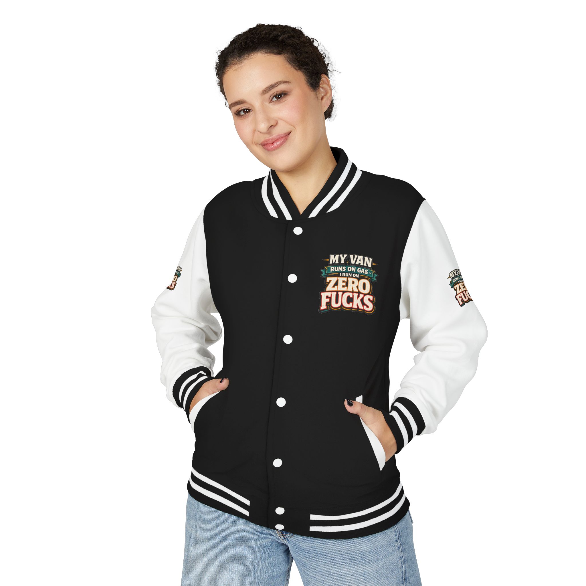 Unisex Heavyweight Letterman Jacket — "My Van Runs On Gas" Design F**K-Line
