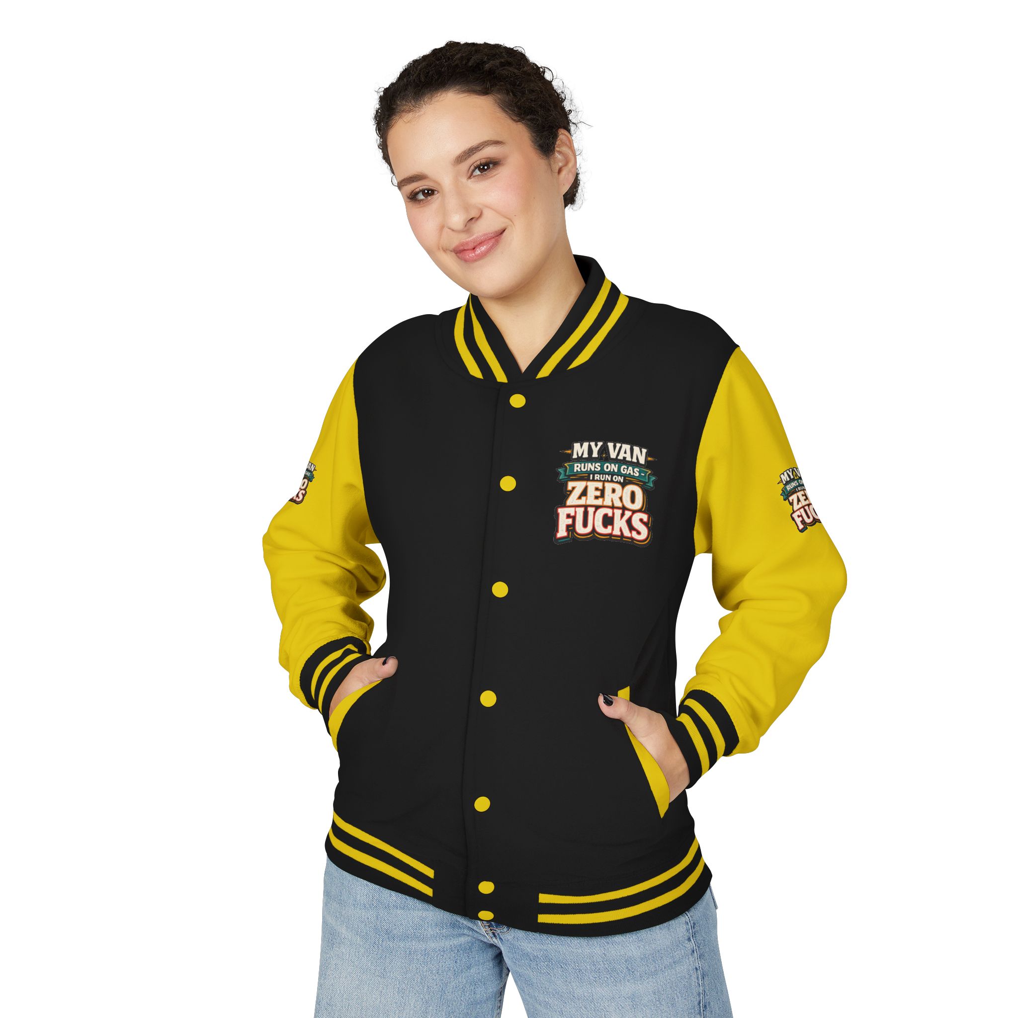 Unisex Heavyweight Letterman Jacket — "My Van Runs On Gas" Design F**K-Line