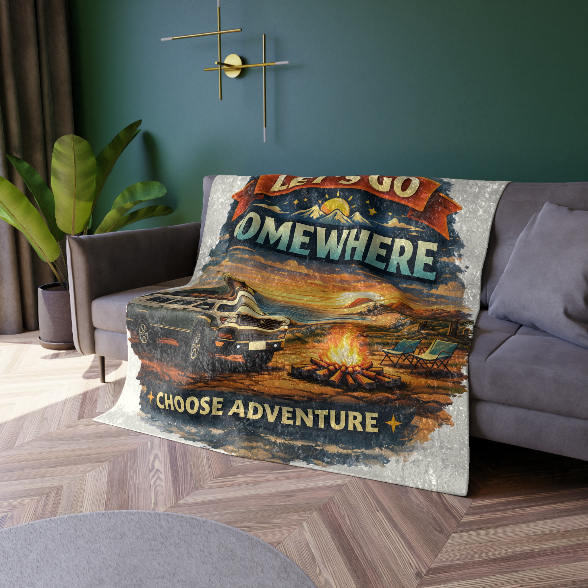 Crushed Velvet Blanket —"Lets Go Somewhere" Design Scenic-Line (Campervan)
