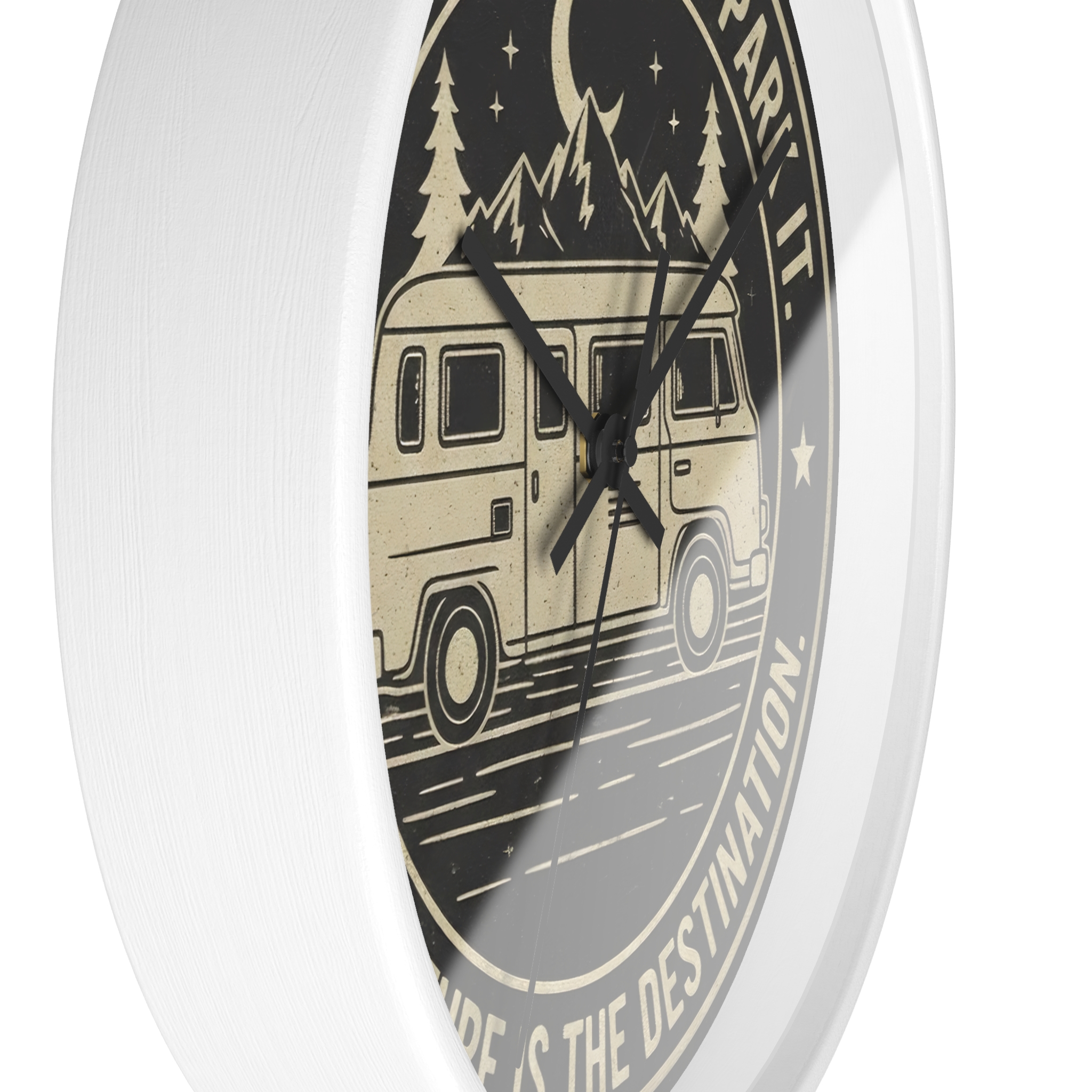 Wall Clock — "Home Is Where You Park It-Adventure is the destination" Camper Van Mountain Travel Timepiece