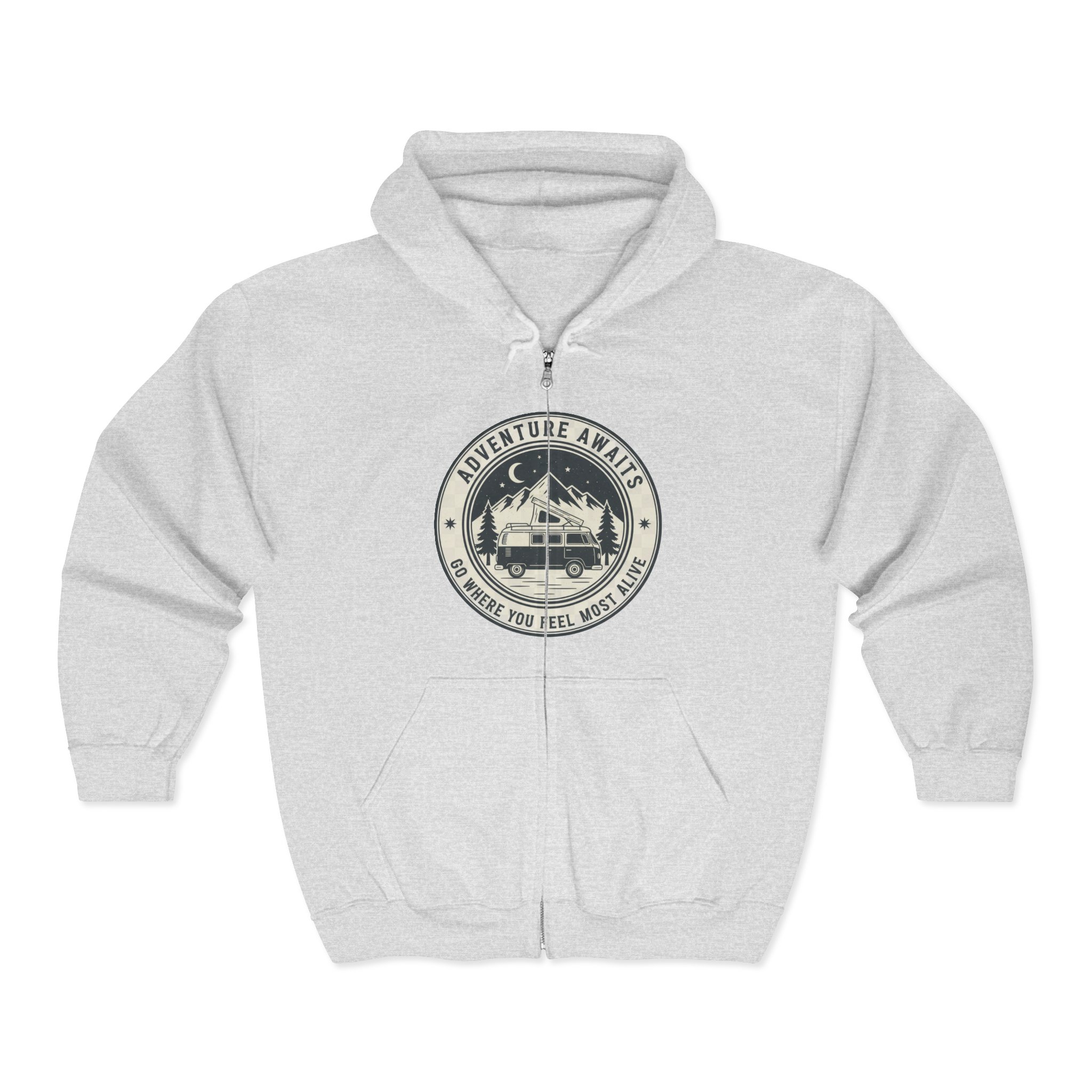 Zip Hoodie — "Adventure Awaits-Go Where You Feel Most Alive" (Only Front Printed) Camper Van Adventure Zip-Up