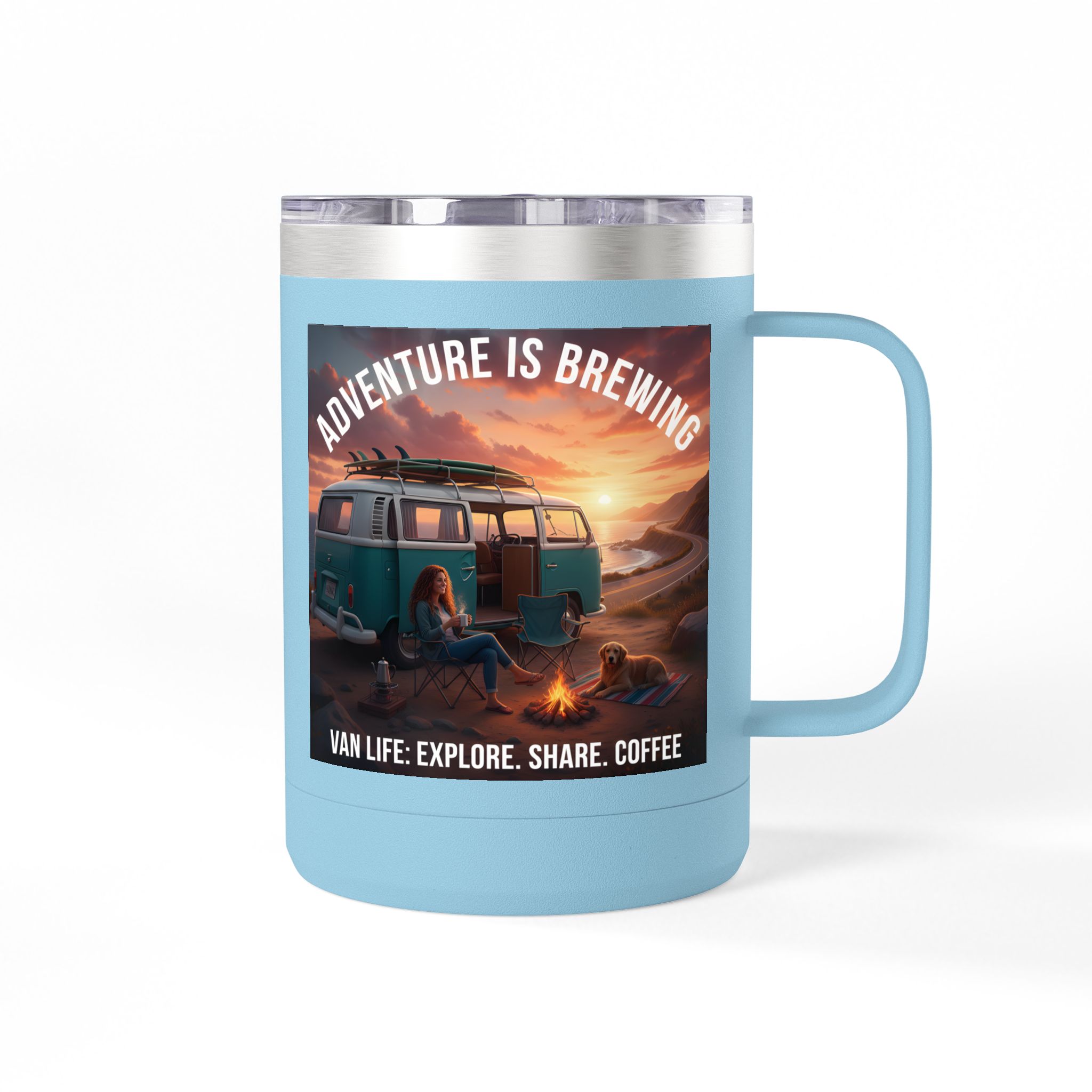 Coffee Mug Tumbler, 15oz-- "Adventure Is Brewing"