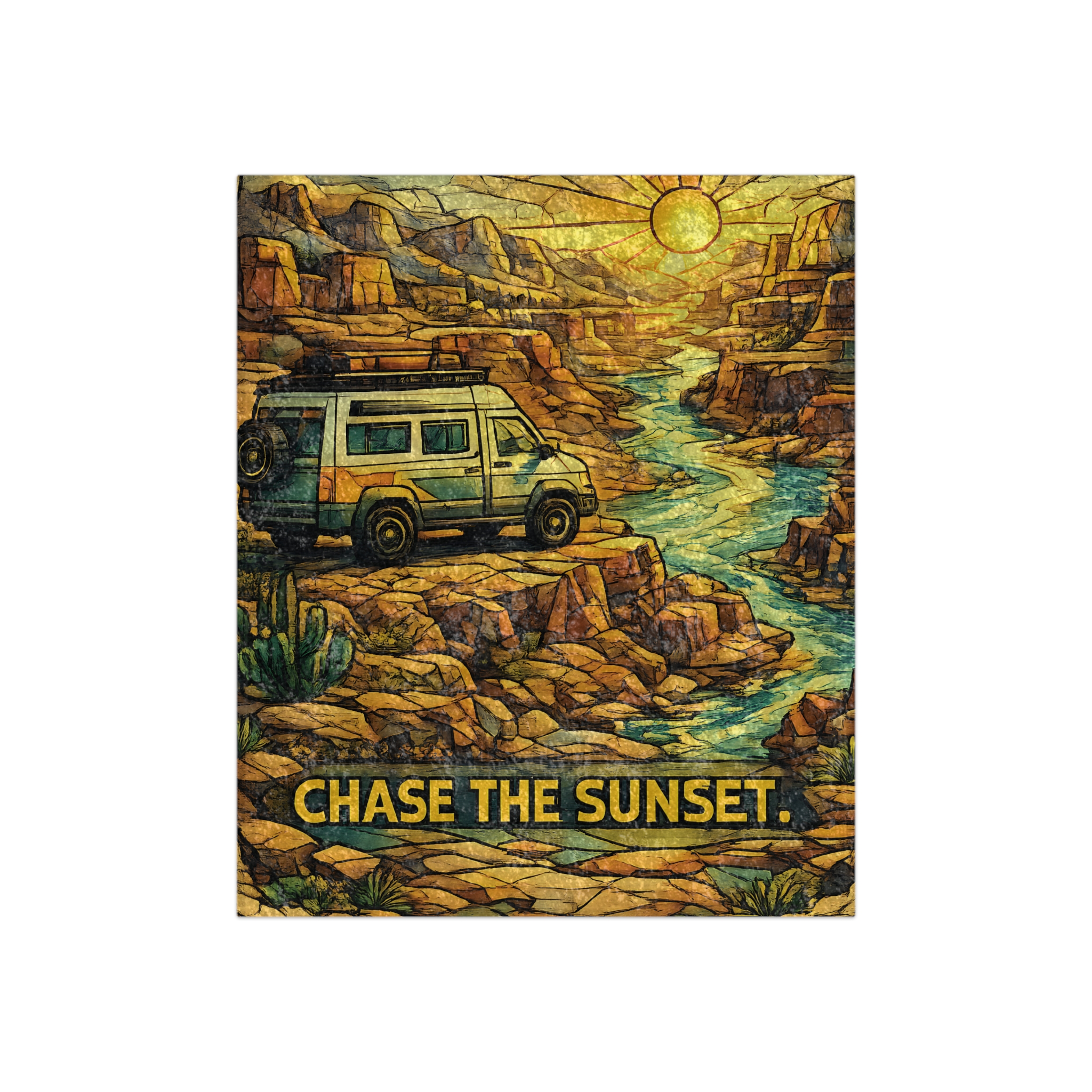 Crushed Velvet Blanket —"Chase The Sunset" Design Cubic-Line (Campervan)
