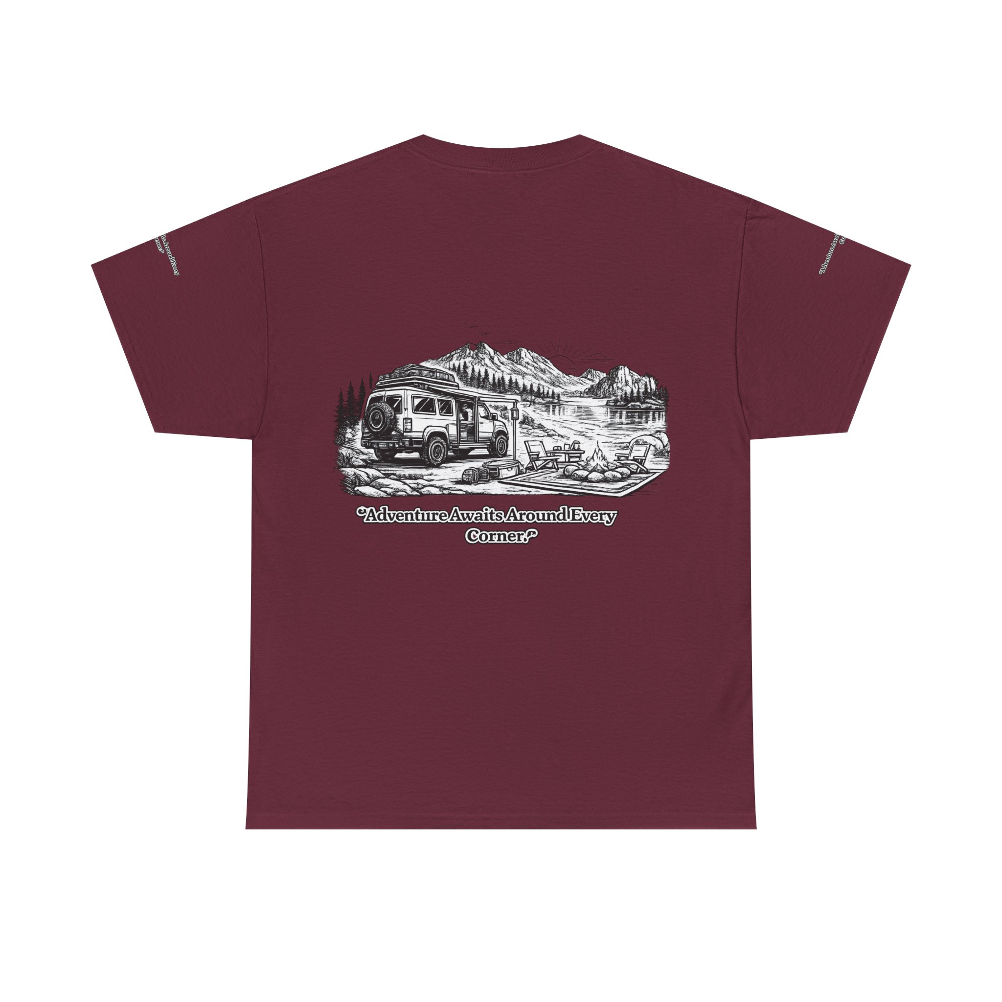 Unisex Heavy Cotton Tee — "Adventure Awaits Around Every Corner" Design Minimal-Line